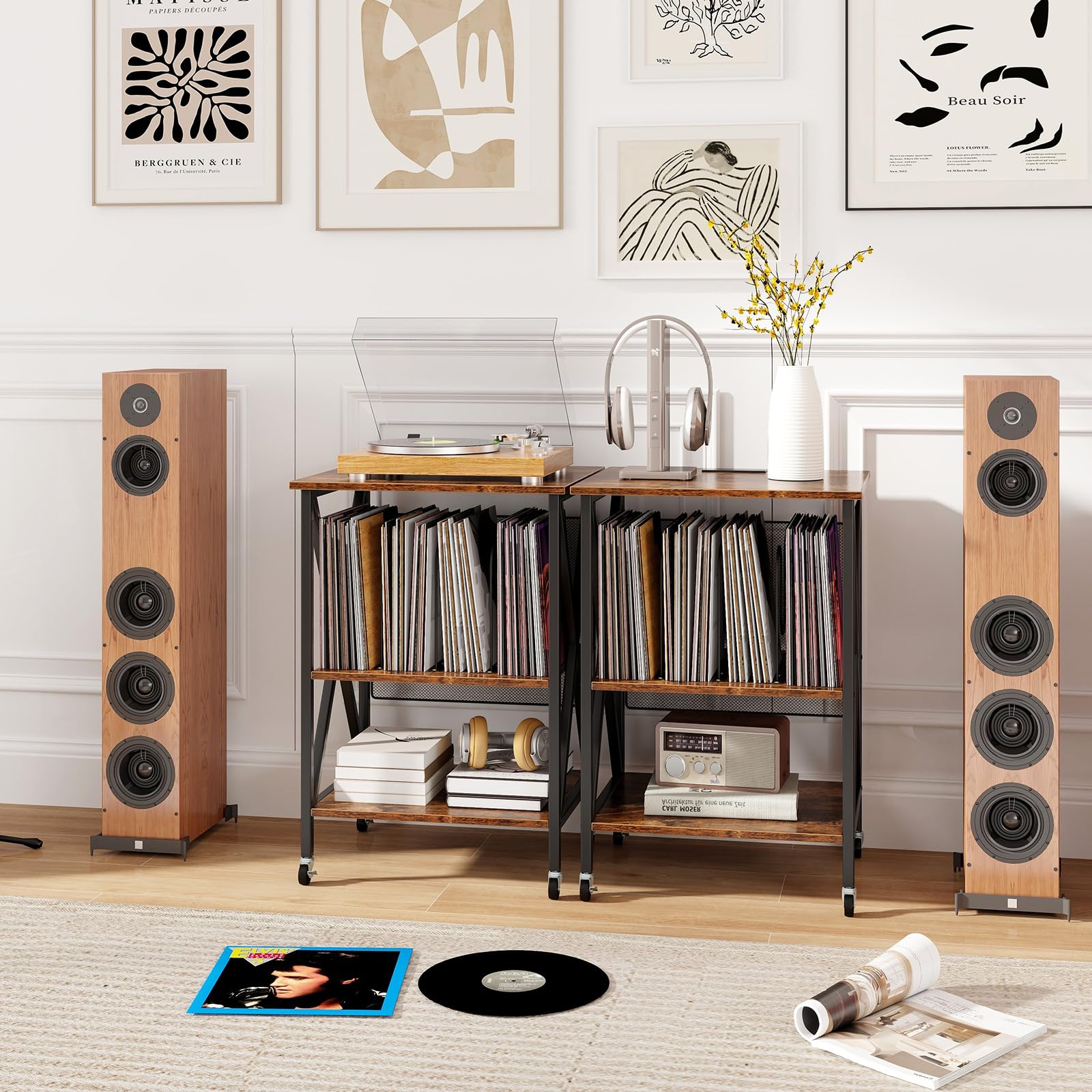 GIANTEX Support de Tourne-Disque avec 2 Prises (USB & Type-C), Table de Rangement pour 250 Disques Vinyles, Style Milieu du Siècle, roulettes Verrouillables, pour Chambre, Salon (Marron)