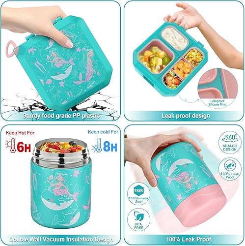 Miniatura 3 de wiwens Lonchera Bento para niños con 12 onzas térmicas, a prueba de fugas, contenedor de comida con 5 compartimentos, tarro térmico de comida