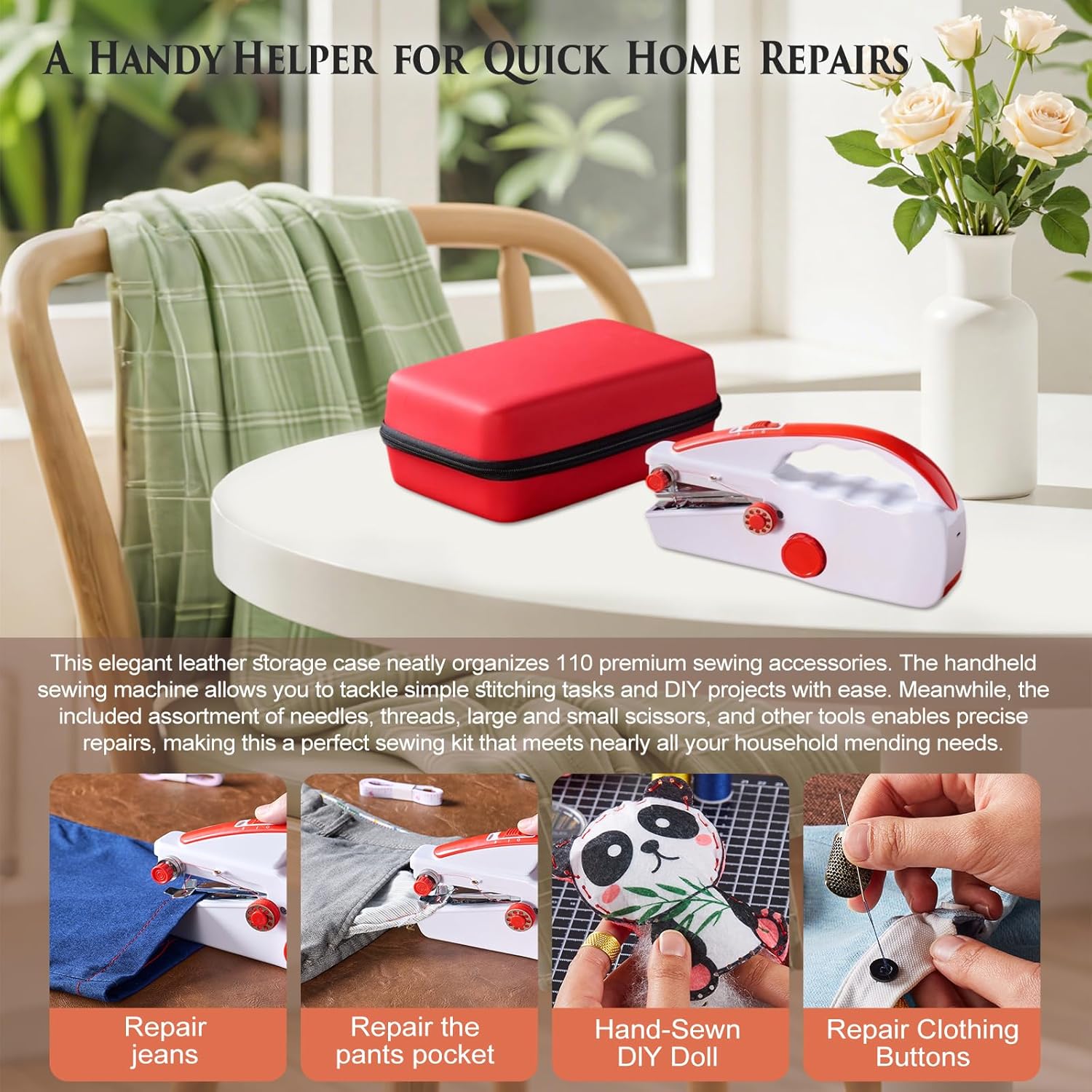 Handheld Sewing Machine Heavy Duty, with Red Leather Storage Case and 110-Piece Sewing Kit, Mini Portable, Ideal for Adults & Beginners, Complete Set of Quick Home Clothing Repair Tools, Good Gift