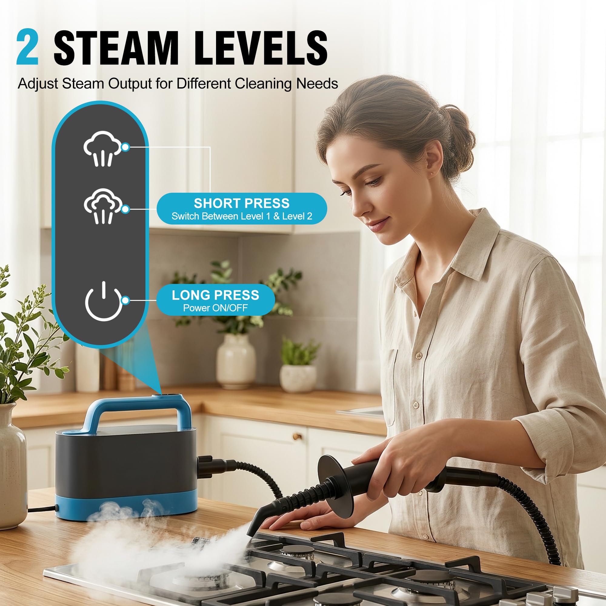 HAUS MEISTER Steamflex Max - Limpiador de vapor portátil de 1200 W para el hogar, tanque de 1 litro, accesorios para cocina, baño, azulejos, lechada, tapicería y ventanas