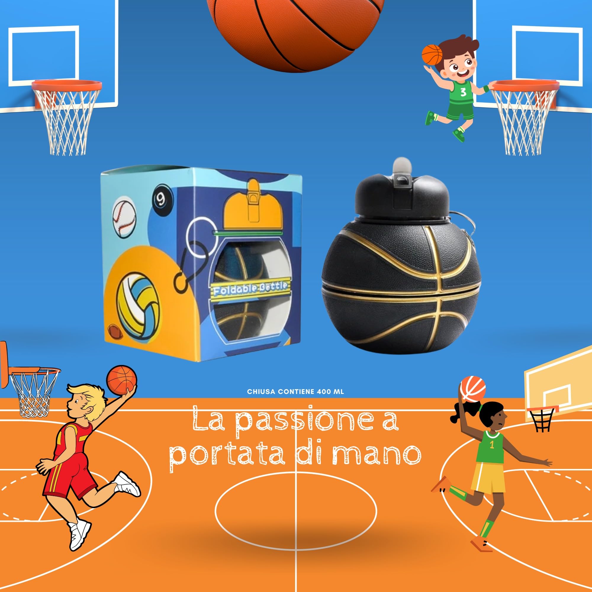 Borraccia, Gourde pour Enfants Pliable en Silicone Sans BPA, Idée Cadeau (1 Litre, Panier Noir)