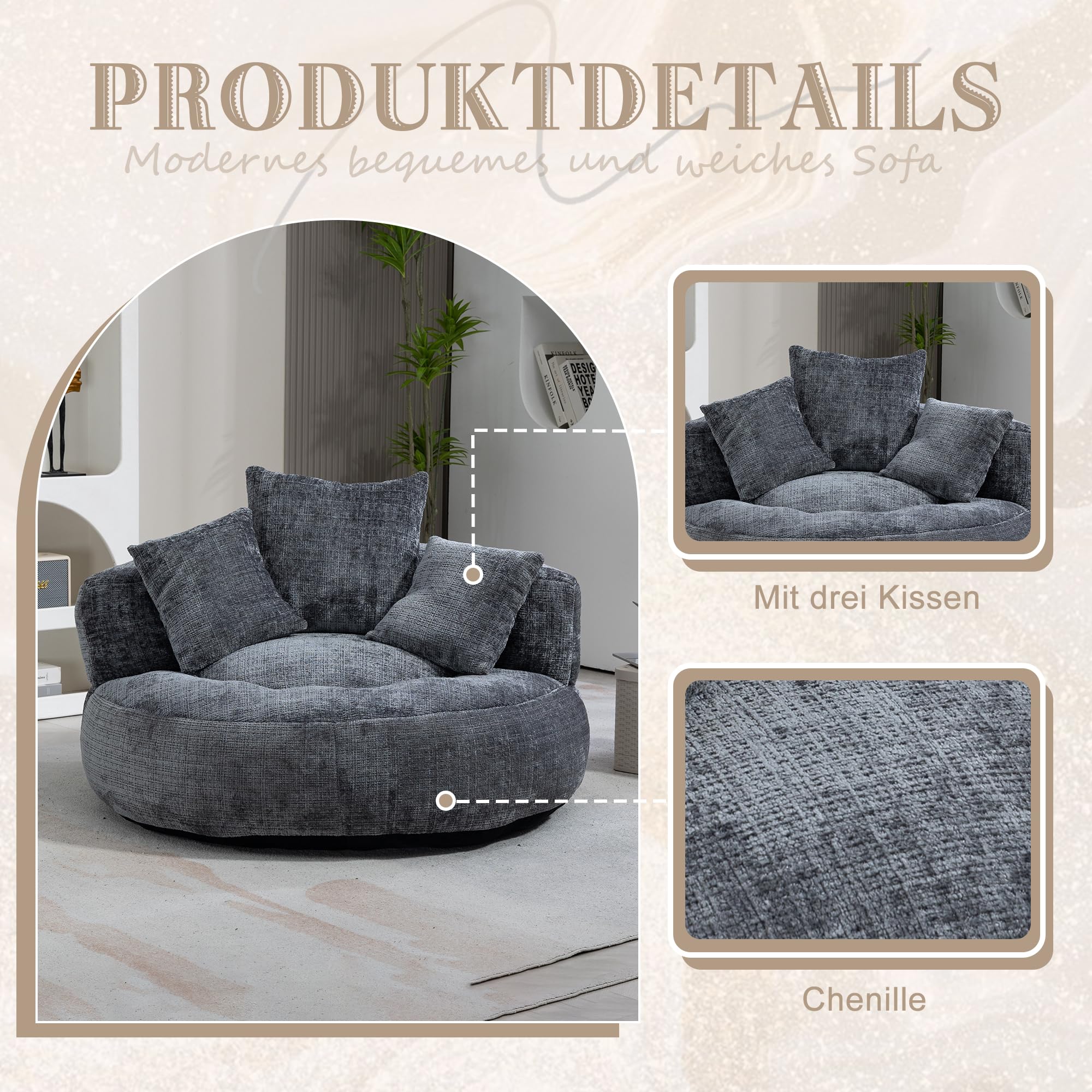 Sofá holgazán VIEKOS duradero y cómodo con respaldo alto, asiento de felpa en forma de bolsa para silla, sofá con TRES cojines para adultos y niños, para interiores y exteriores, sofá individual para
