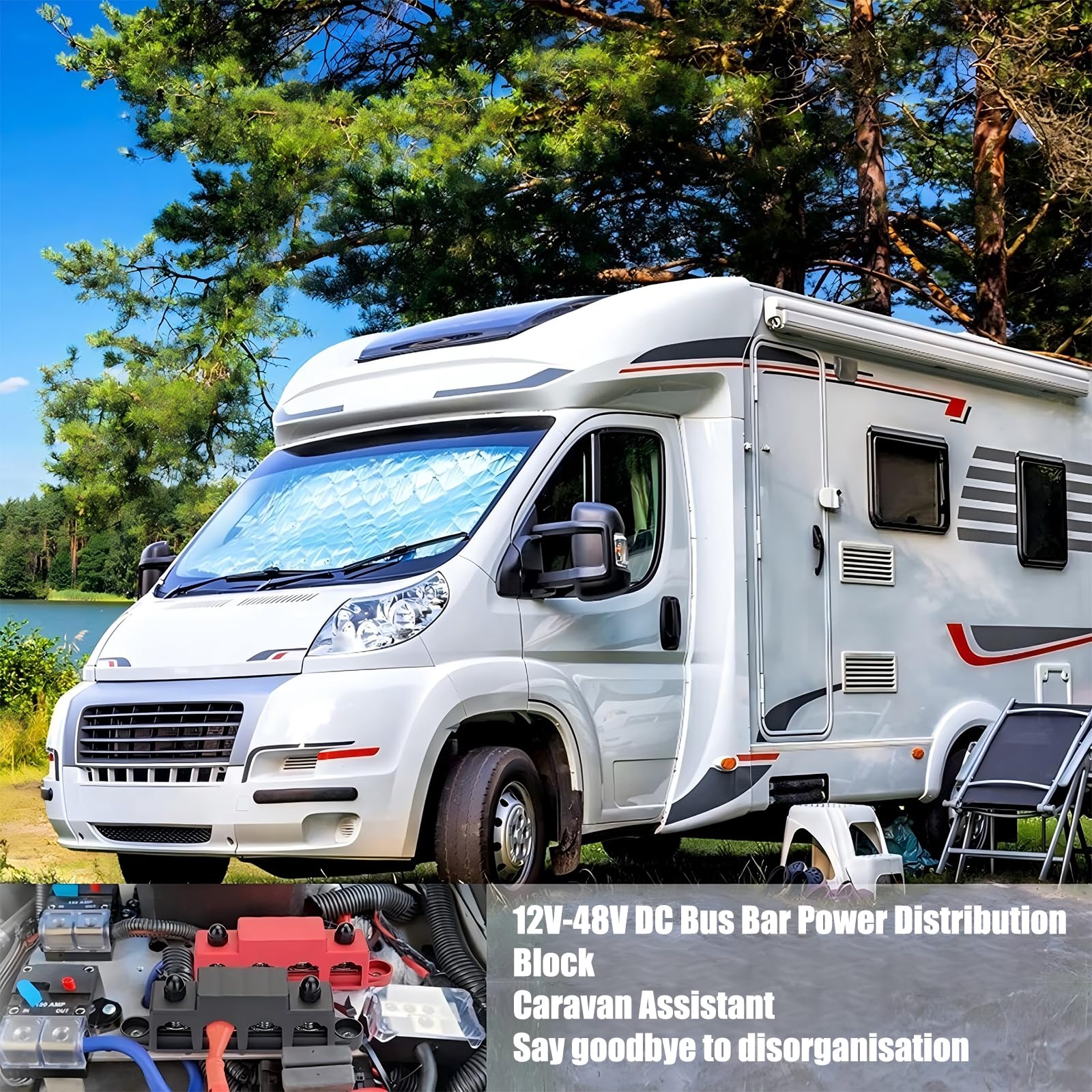 Bloc de distribution d'alimentation Repartiteur pour barre de bus 12 V-48 V DC, 4 bornes M8 (5/16'') 250 A pour voitures, camping-cars, bateaux, yachts (négatif et positif)