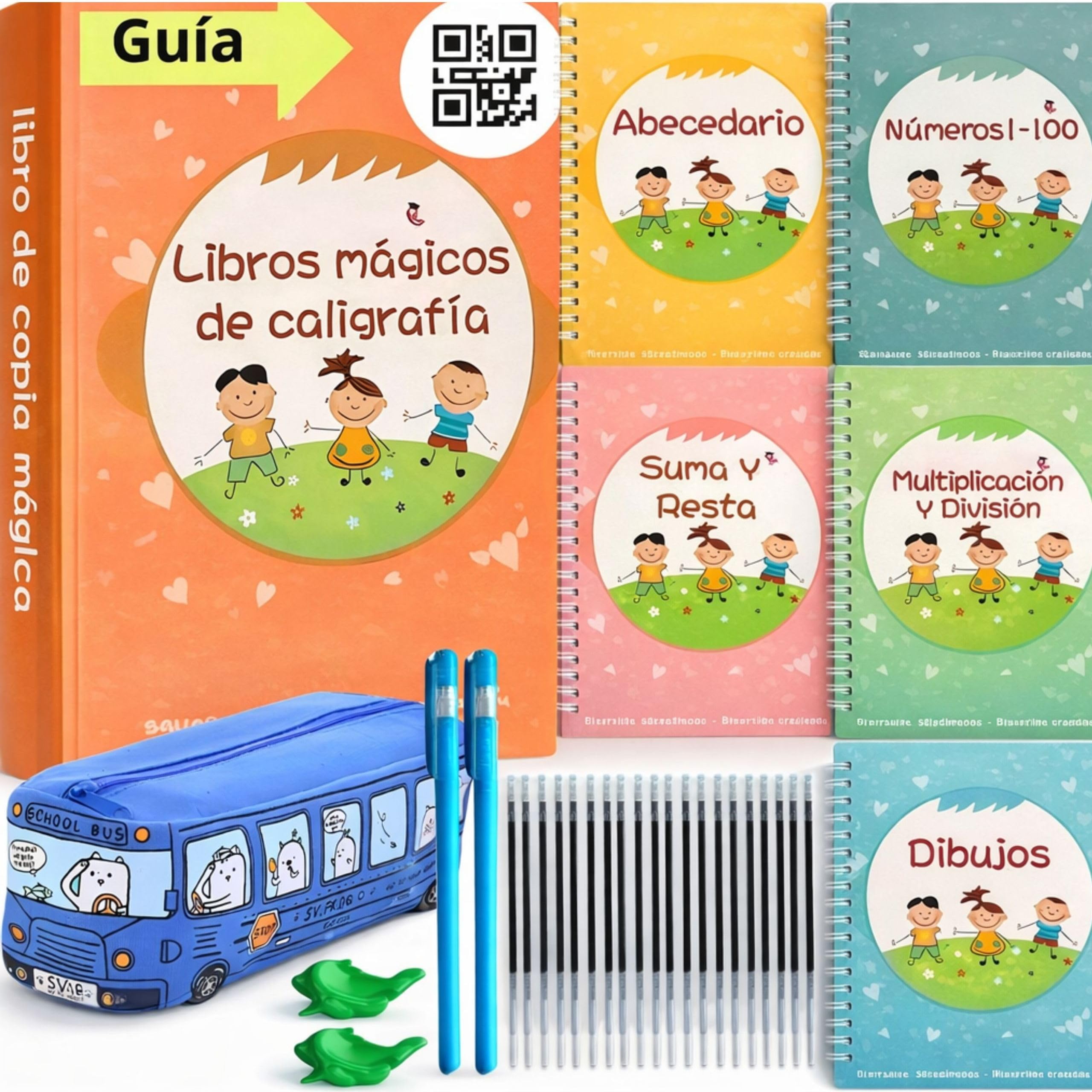 Caligrafia Niños de 4 hasta 8 Años - Cuaderno Caligrafia Infantil Aprender a Escribir y Dibujar - 5 Libros Magicos de Escritura Trazado de Lineas -Incluye Boligrafos Magicos, 20 Recambios y un Estuche