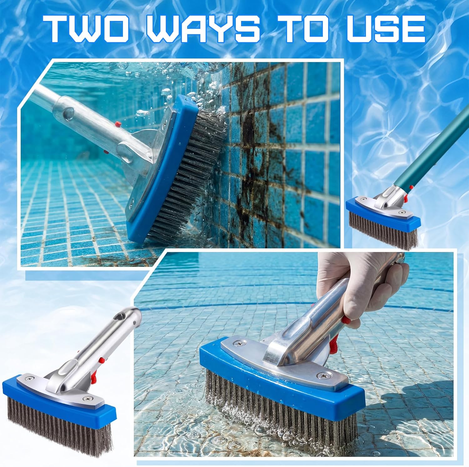 Gejoy 2 Pack 5" Stainless Steel Brush Pool Brush Head for Inground Pools, Algae Metal Wire Bristles and Aluminum Back Scrubber Heavy Duty Curved Ends for Tiles, Rust Stains on Concrete Walls
