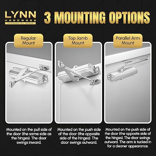 Miniatura 4 de LYNN HARDWARE Cierrapuertas automático de servicio medio/resistente (plateado) - grado comercial, elección de contratistas, velocidad y fuerza