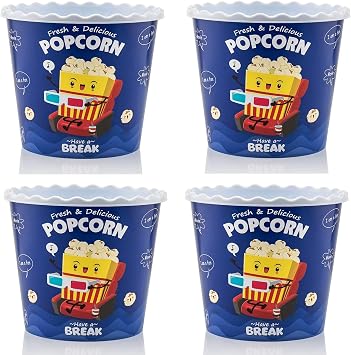 Modern Style Reusable Plastic Popcorn Box/Popcorn Containers/Popcorn Bowls Set for Movie Theater Night - BPA Free - BLUE 4 Pack-75 oz