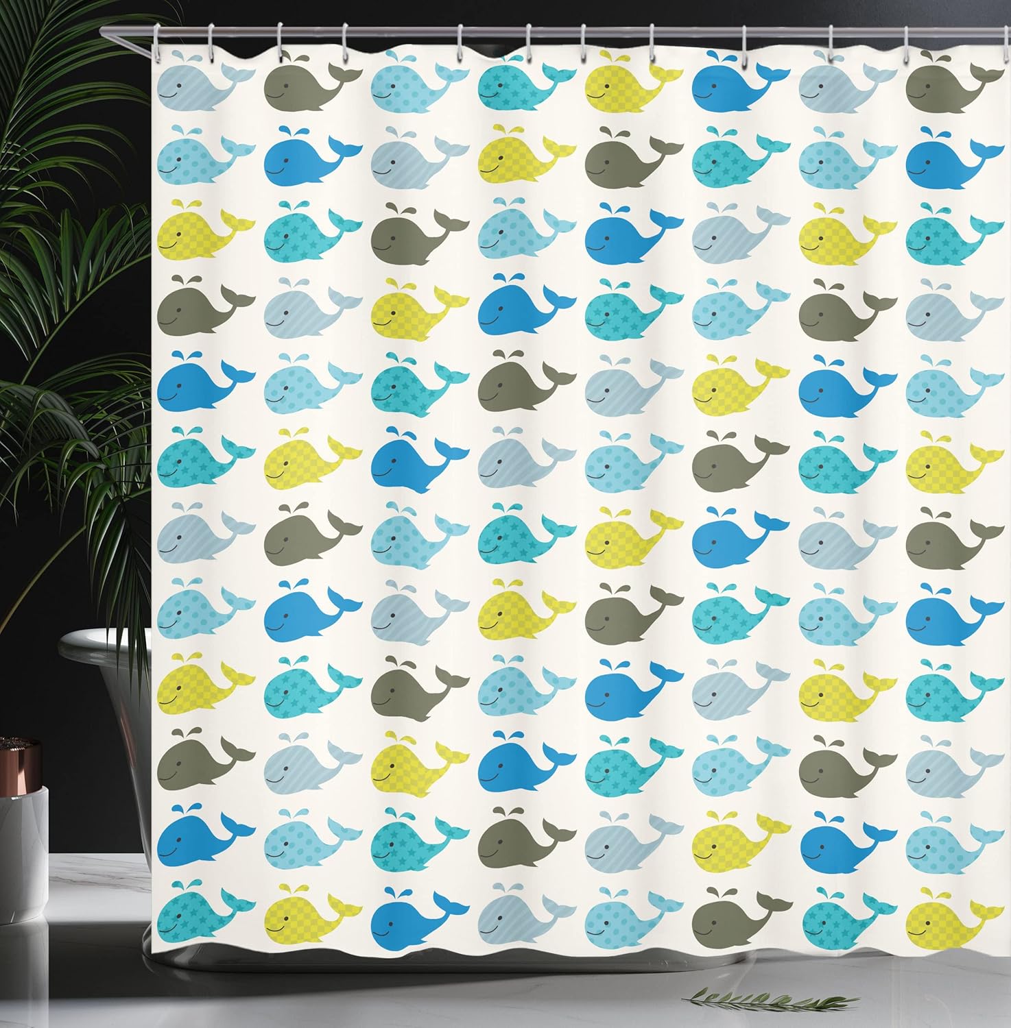 Ambesonne Whale Shower Curtain, Little Tiny Colored Whales in Row and in Cartoon Style Aquatic Life Animal, Cloth Fabric Bathroom Decor Set with Hooks, 69" W x 70" L, Blue Grey