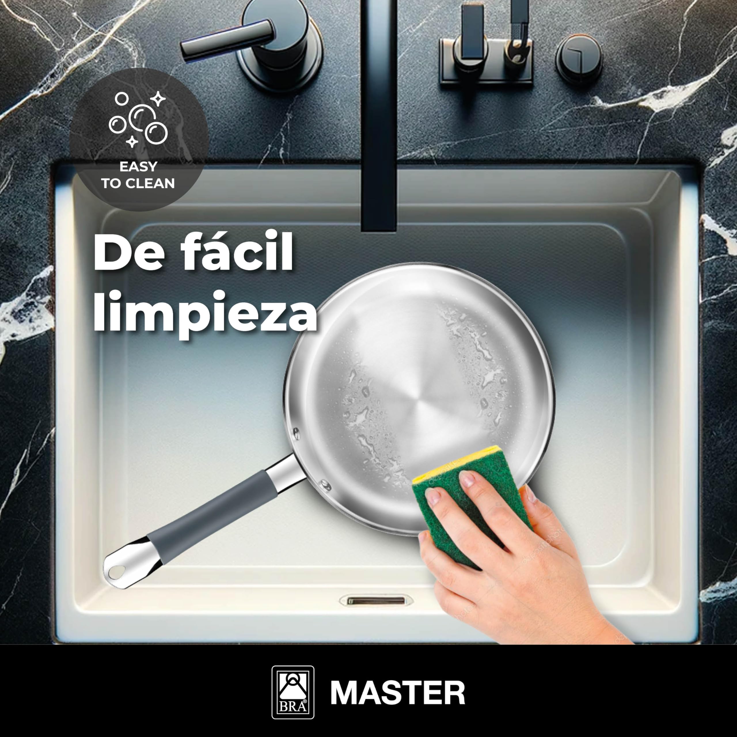BRA Master | Sartén 26 cm, Acero Inoxidable, Sin Antiadherente, Sin PFOA, Full Induction, Apta para todo tipo de Cocinas, Mango acero inoxidable recubierto de Silicona — view 4