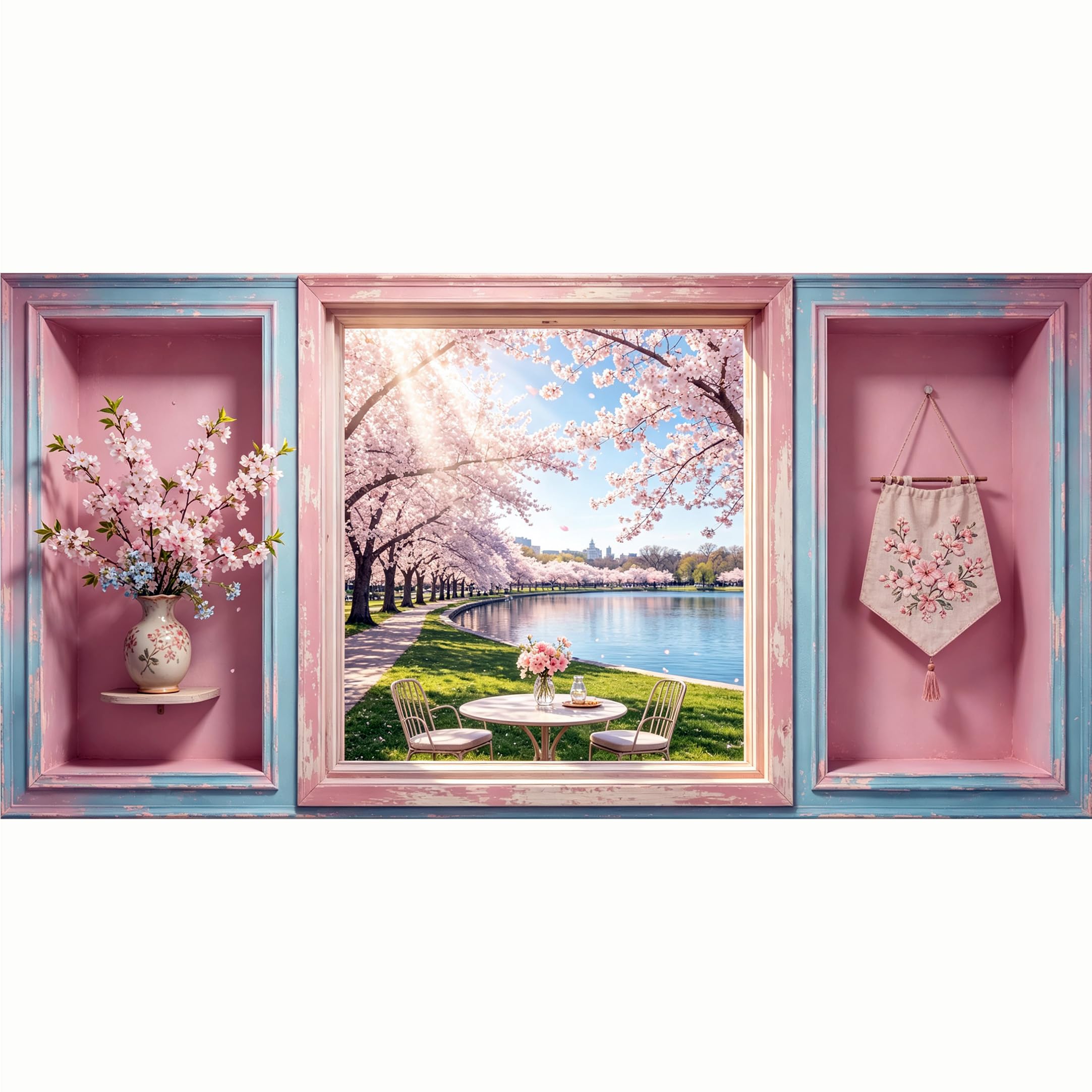 QZLITHOTIC 50x100cm 3D Framed Wall Art， Pink Cherry Blossom Lake Landscape View Self‑Adhesive Mural， Water‑Activated Peel & Stick Fabric Decor Wall Decal for Bedroom Living Room