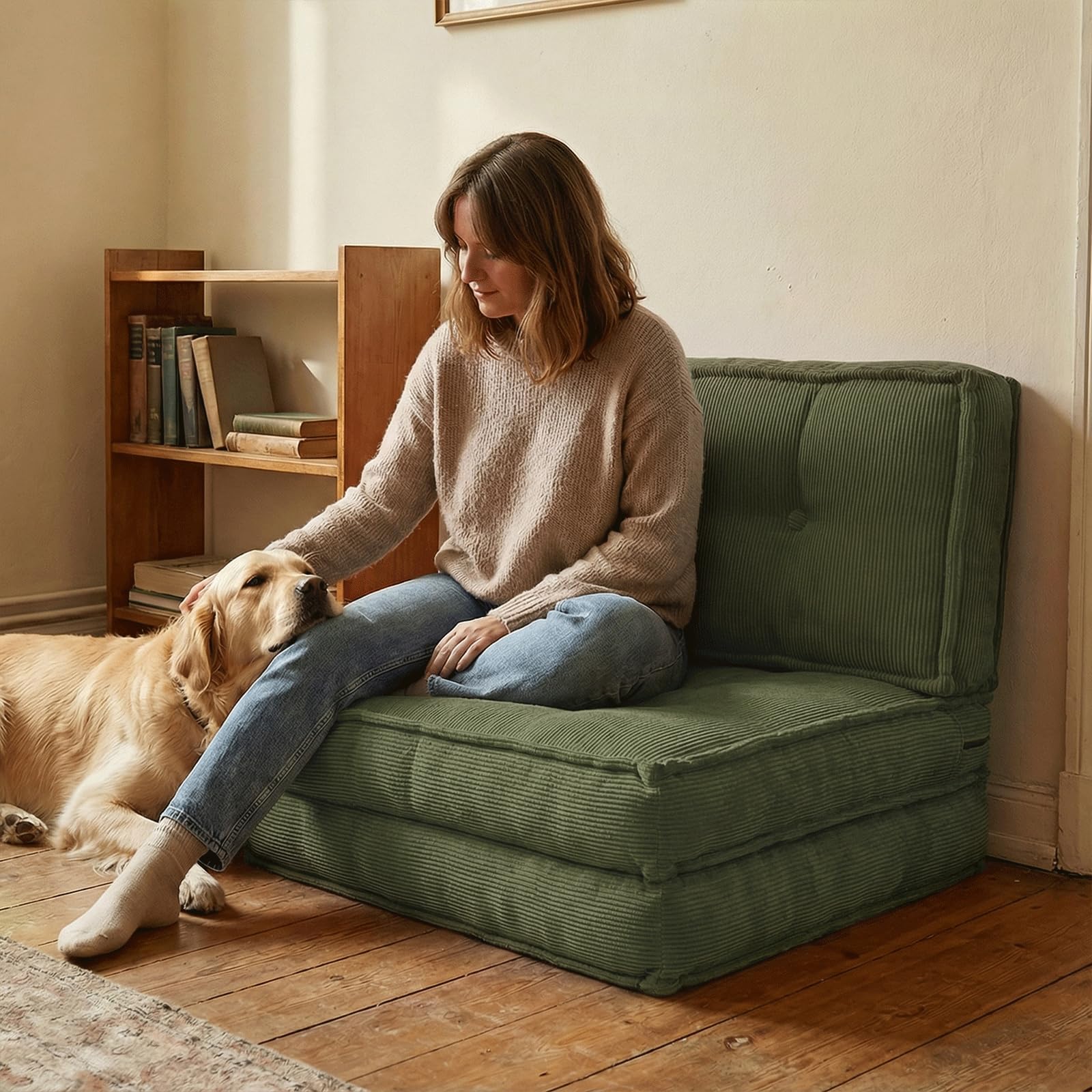 Fabulcozy,Sofá cama Convertible 4 en 1, respaldo de 5 posiciones, pana 8 revestimientos, marco de hierro resistente, asa y correas, versátil para salón u oficina, verde Chiaro