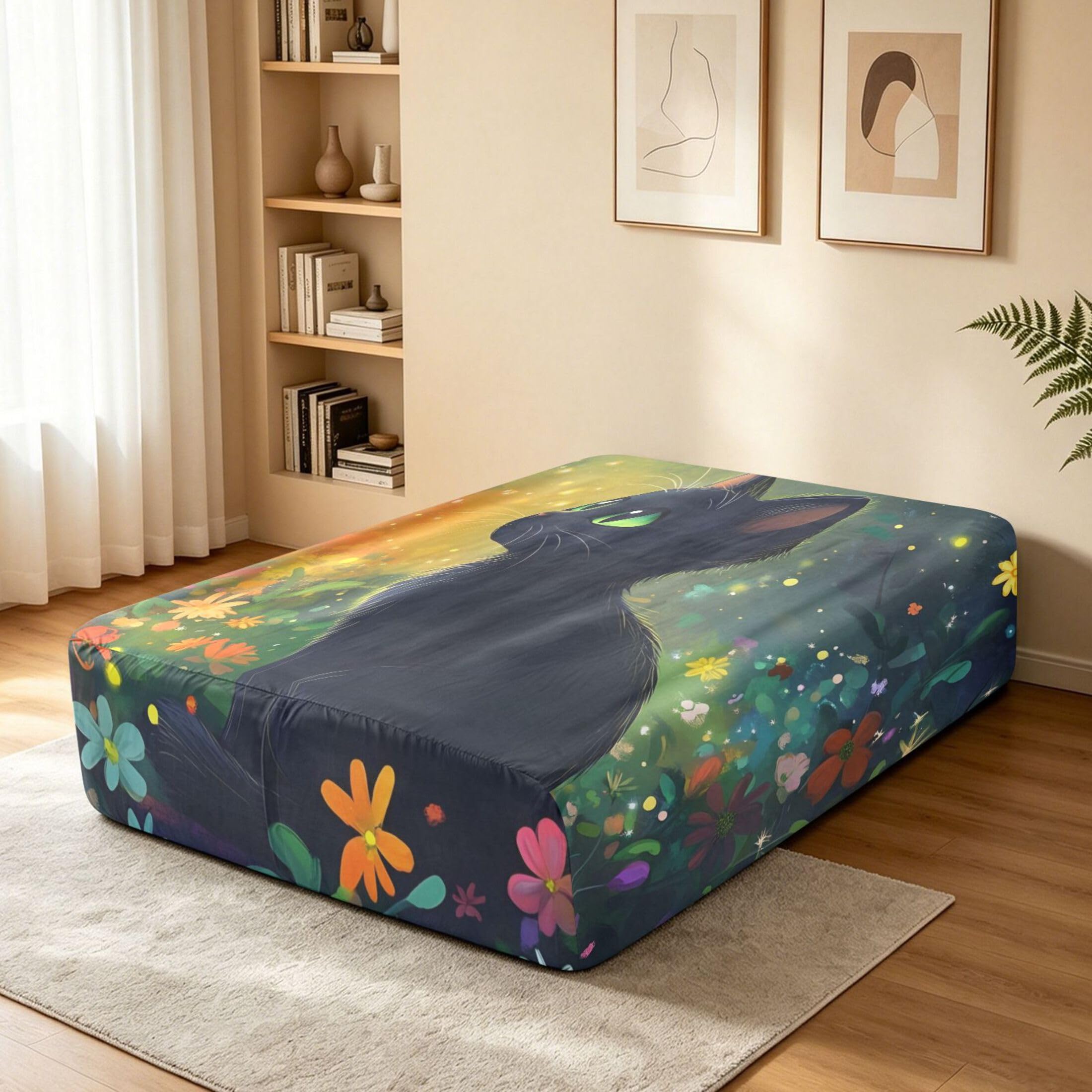 Lindo gato negro individual sábana bajera ajustable para colchón de aire, bolsillo extra profundo de 24 pulgadas, funda suave transpirable con apertura de válvula de cremallera para cama de