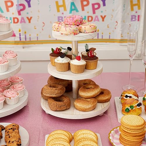 Miniatura 5 de Soporte redondo para cupcakes de 3 niveles, soporte de madera para pasteles con decoración de bandeja escalonada, soporte rústico para tartas,