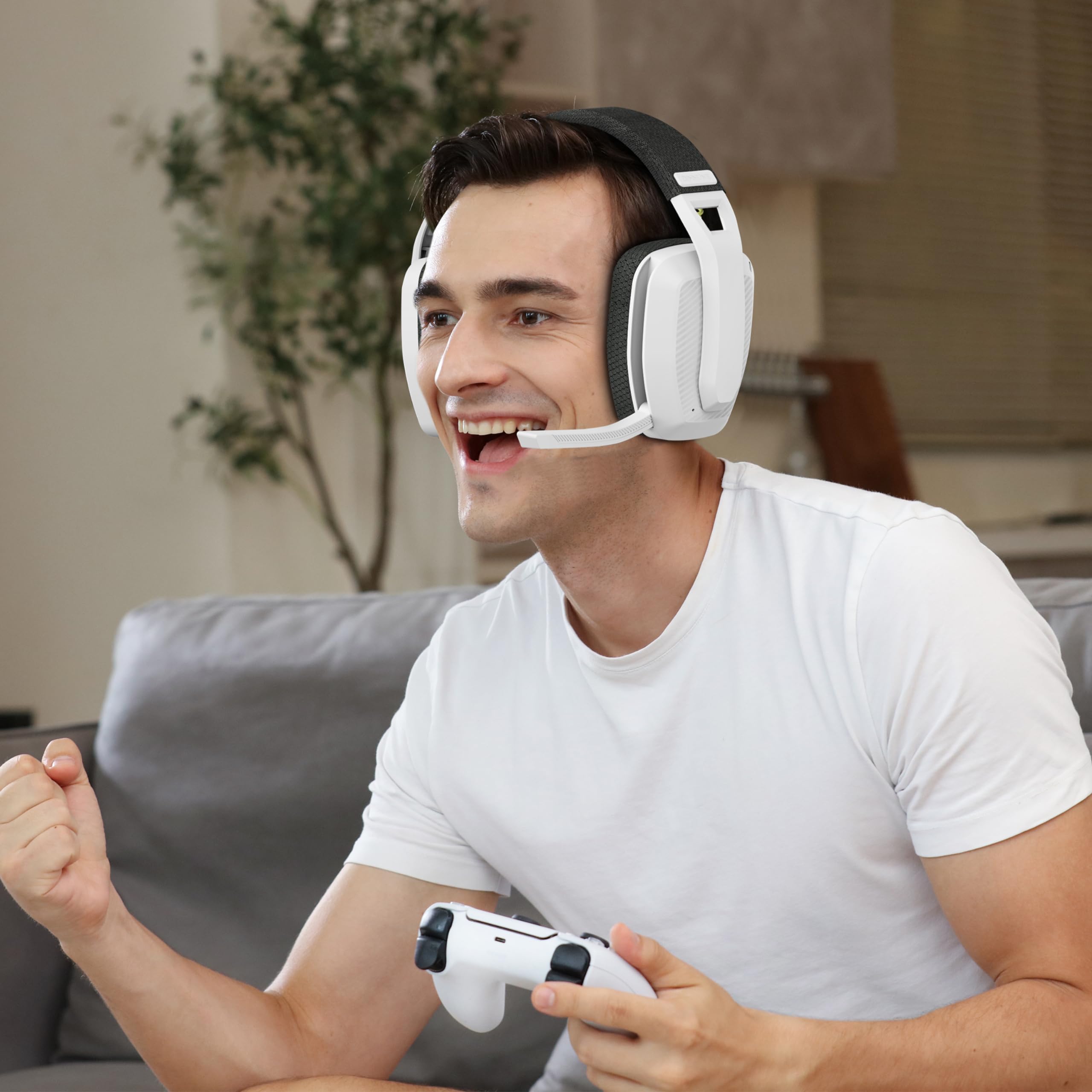BINNUNE Cascos Gaming inalambricos con Micrófono para Playstation 4 5 PS4 PS5 PC, Auriculares Gaming inalambricos Bluetooth con ENC Micro, Batería de 48 Horas, LE Audio- Blanco