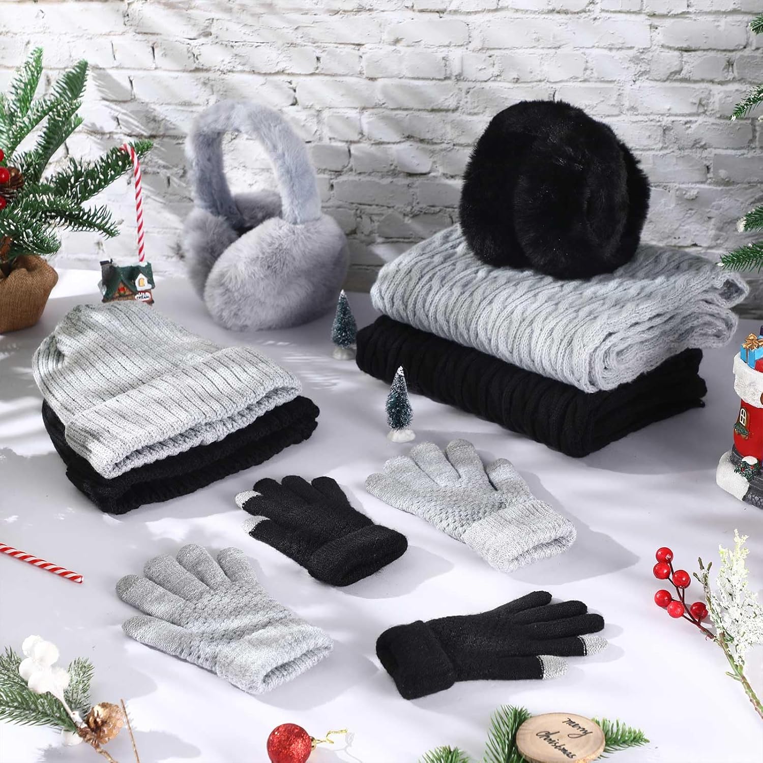 Suhine 8 Pcs Winter Beanie Hat Scarf Gloves Ear Warmer set Warm Fleece Knit Hat Touch Screen Gloves Earmuff for Women men - Image 7