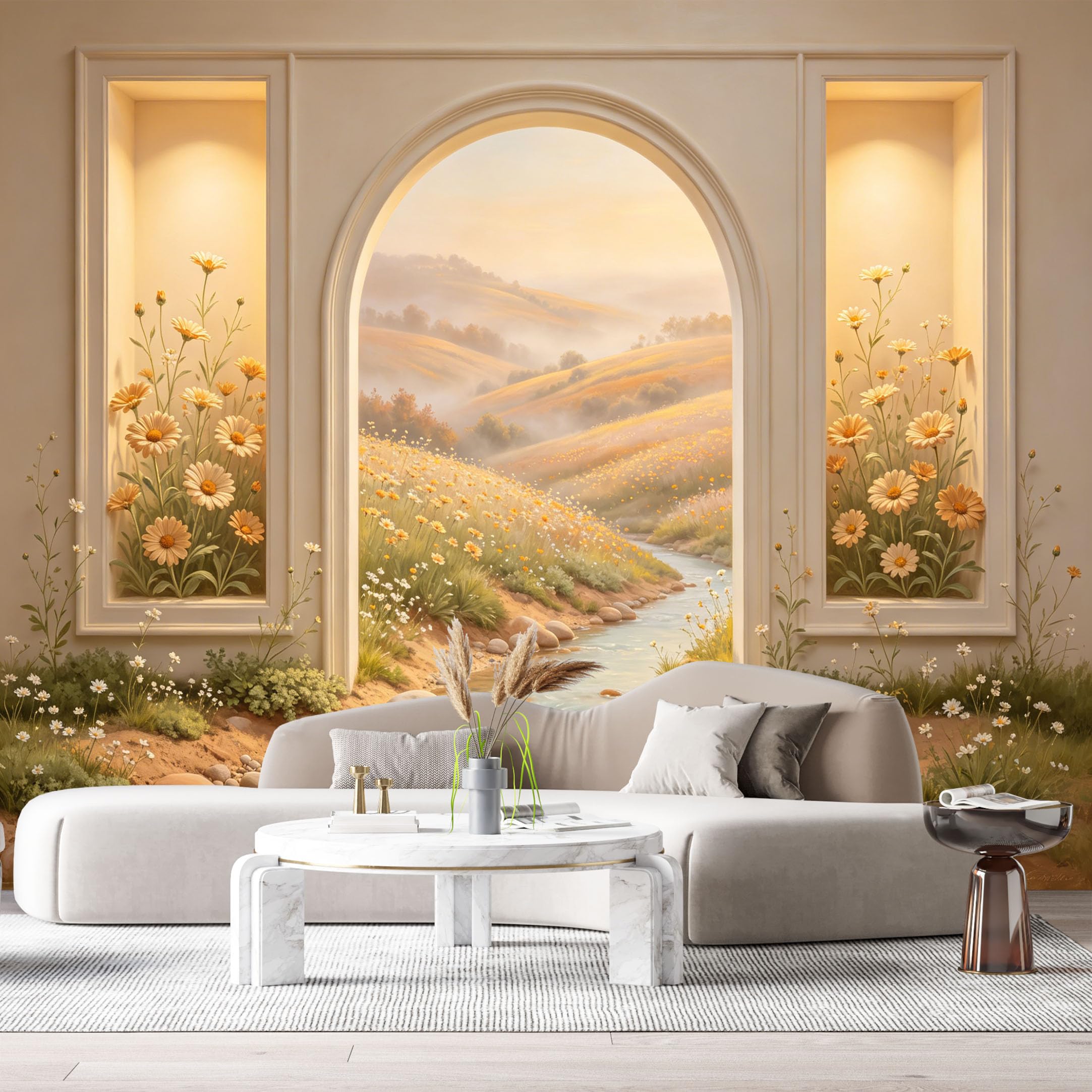 Custom Size Wall Murals Meadow River Archway Landscape 3D Trompe L'Oeil SelfAdhesiveWall Fabric Removable Wallpaper Wall Decor for Living Room Bedroom Bathroom