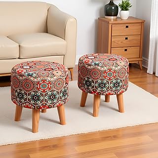 NACIA Printed Ottoman Stools for Home Printed Ottoman Stool Set of 2 Bench for Living Room for Sitting Wooden Round Foot R... Price In India