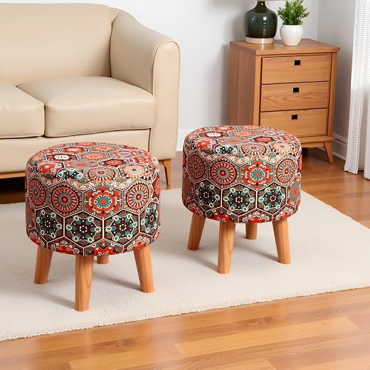 NACIA Printed Ottoman Stools for Home Printed Ottoman Stool Set of 2 Bench for Living Room for Sitting Wooden Round Foot R...