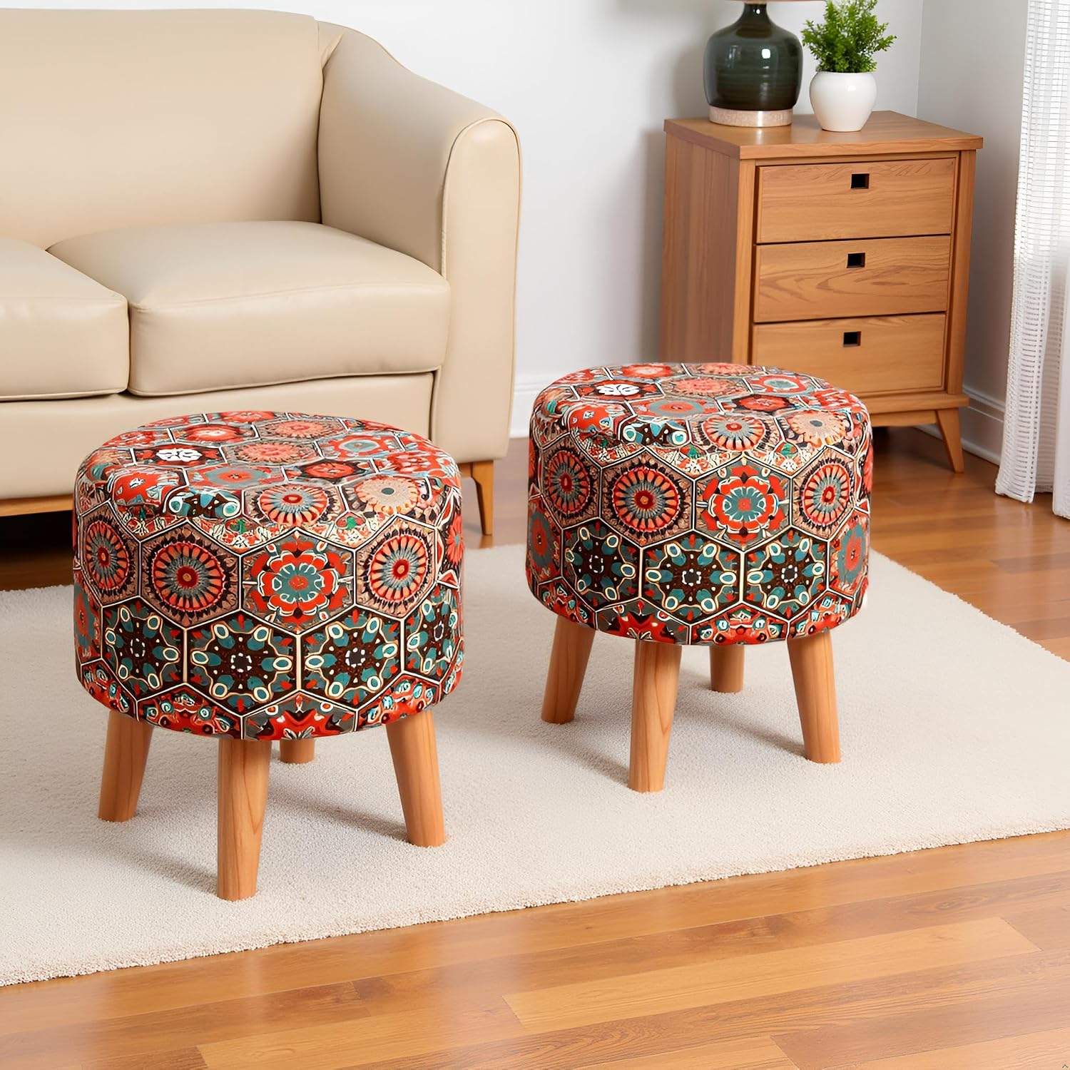 NACIA Printed Ottoman Stools for Home Printed Ottoman Stool Set of 2 Bench for Living Room for Sitting Wooden Round Foot R... - Review, Price and Buying Guide
