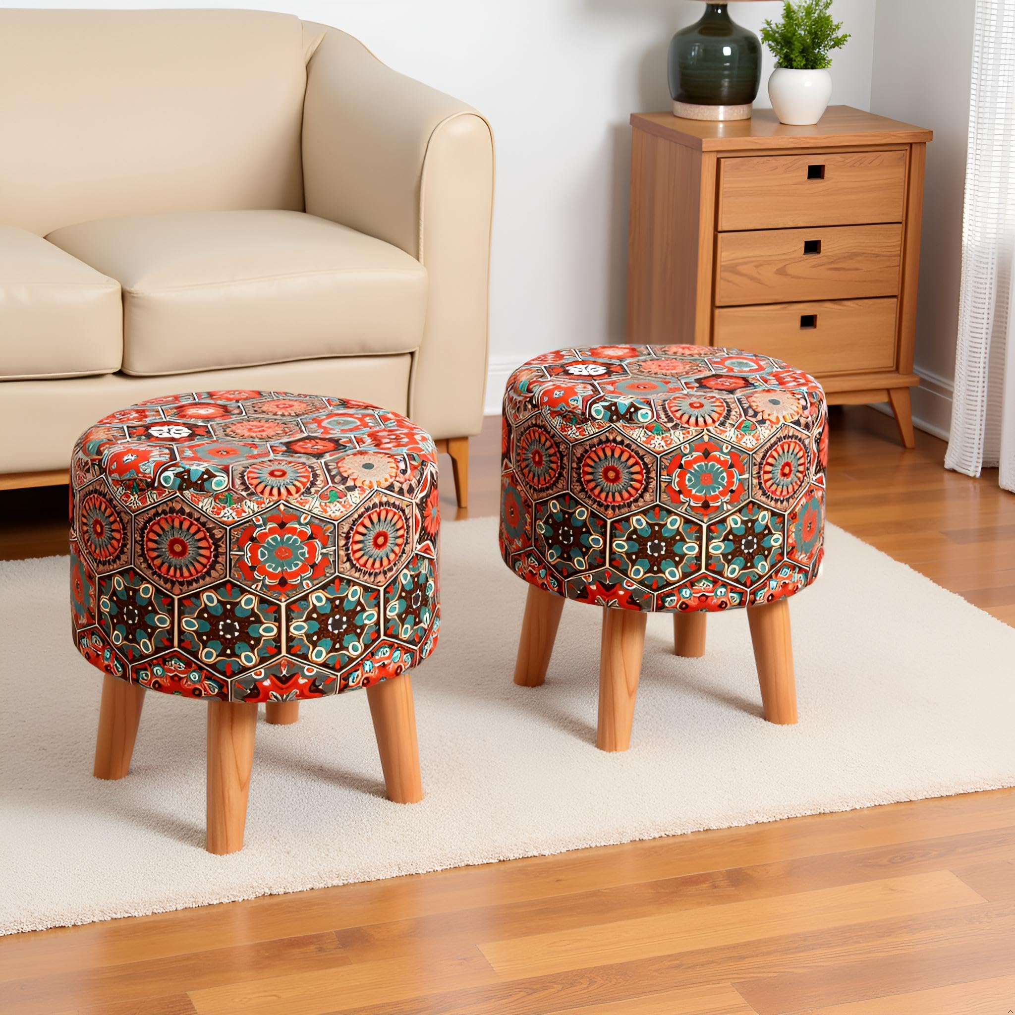 NACIA Printed Ottoman Stools for Home Printed Ottoman Stool Set of 2 Bench for Living Room for Sitting Wooden Round Foot Rest Pouf for Home Decoration Pouffes for Dressing Table 16"x18" Octa