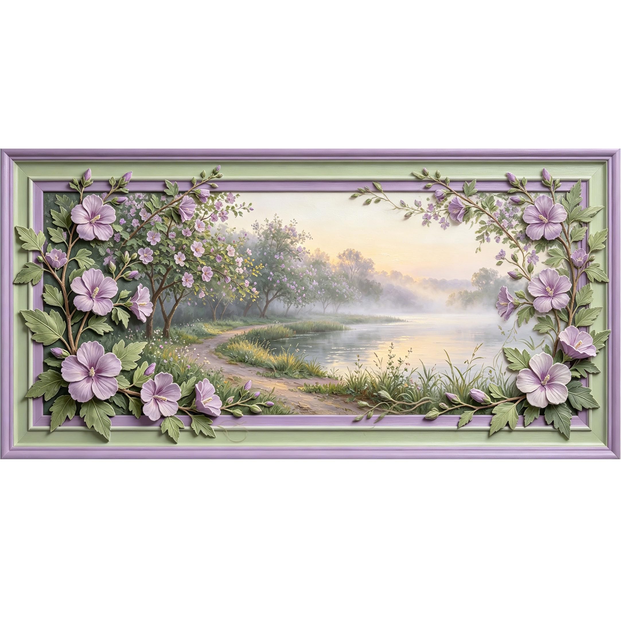 Agglomerix 3D Framed Wall Art Purple Hibiscus Flower Botanical Landscape Lake Mist Relief Effect Large Size SelfAdhesive Removable Wall Decor Prints Artwork for Living Room Bedroom Office
