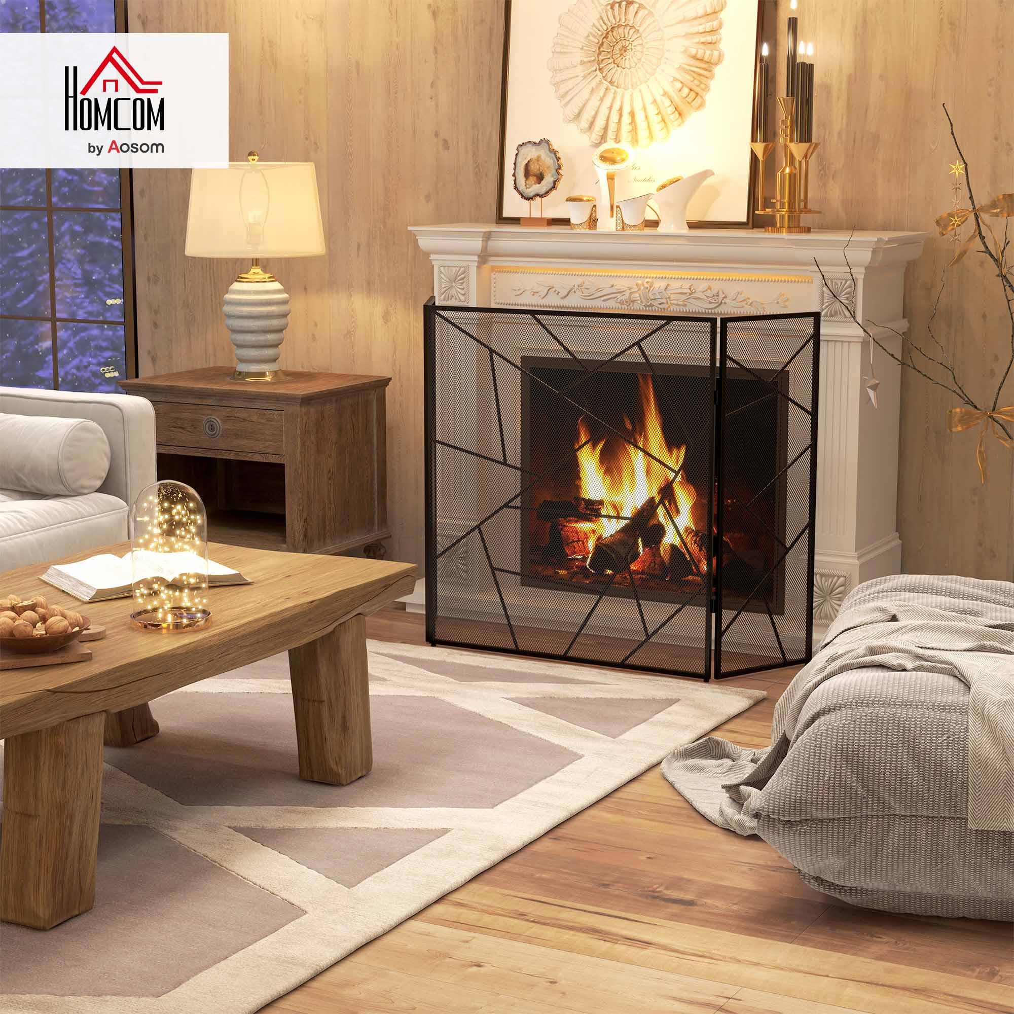 HOMCOM Pare feu cheminée Pliable 3 Panneaux, Pare-étincelles cheminée, Grille de Protection cheminée en Maille d'acier avec décor géométrique et Pieds antidérapants, 135l x 1,2P x 85H cm, Noir