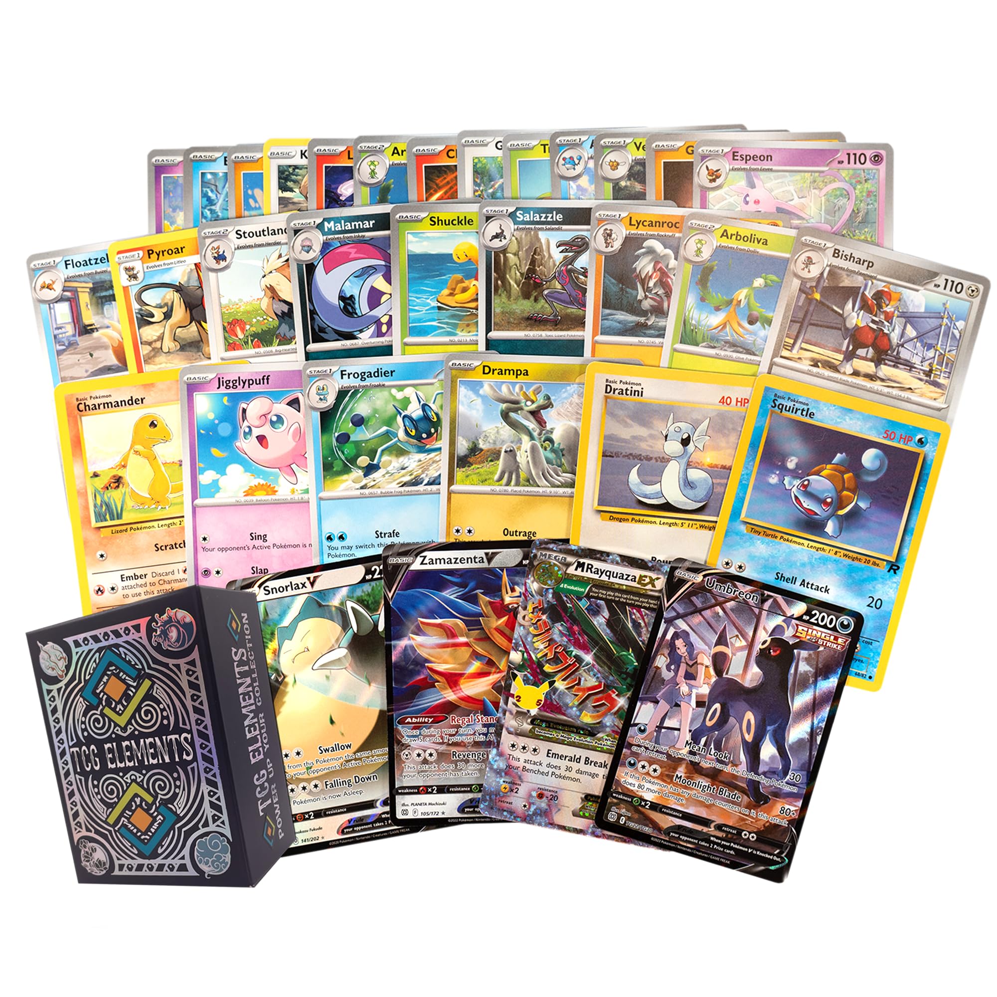 TCG Elements - Poke TCG Bundle, 100 Cards with 2 Legendary Cards, Vstar, Vmax, V, GX, EX, Radiant or Full Art Cards, 10 Foils, 90 Common/Uncommon Cards Deck Box