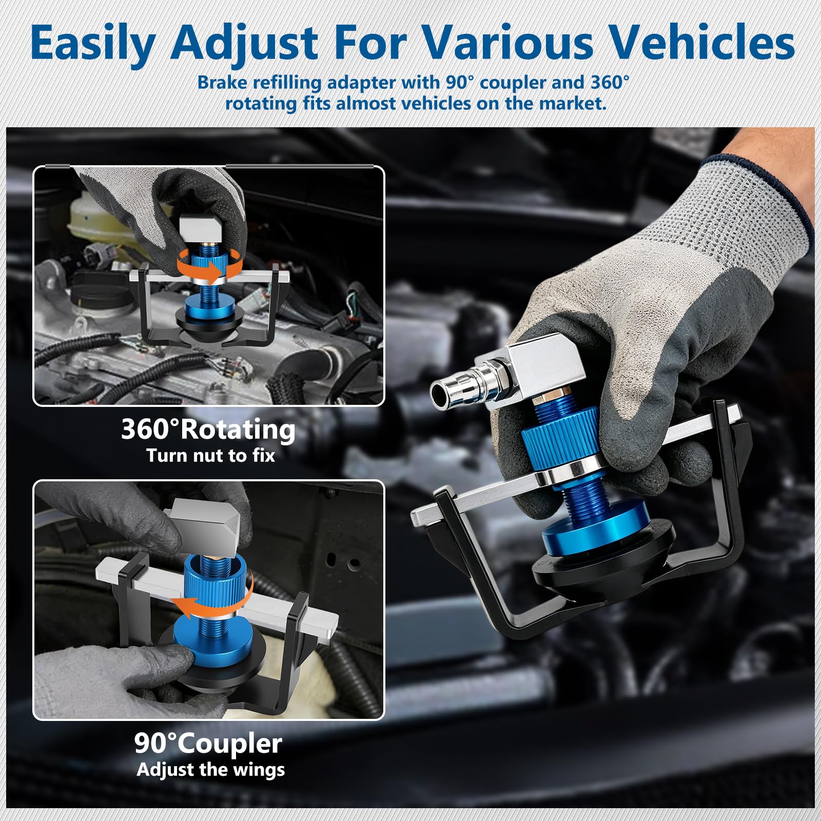 Adaptador Universal de Purga de Frenos 22-58 mm Adaptador para depósito | de líquido de frenos con 4 Conexiones rápidas anillo de sellado antifugas Compatible con Cadillac Mazda Honda Toyota