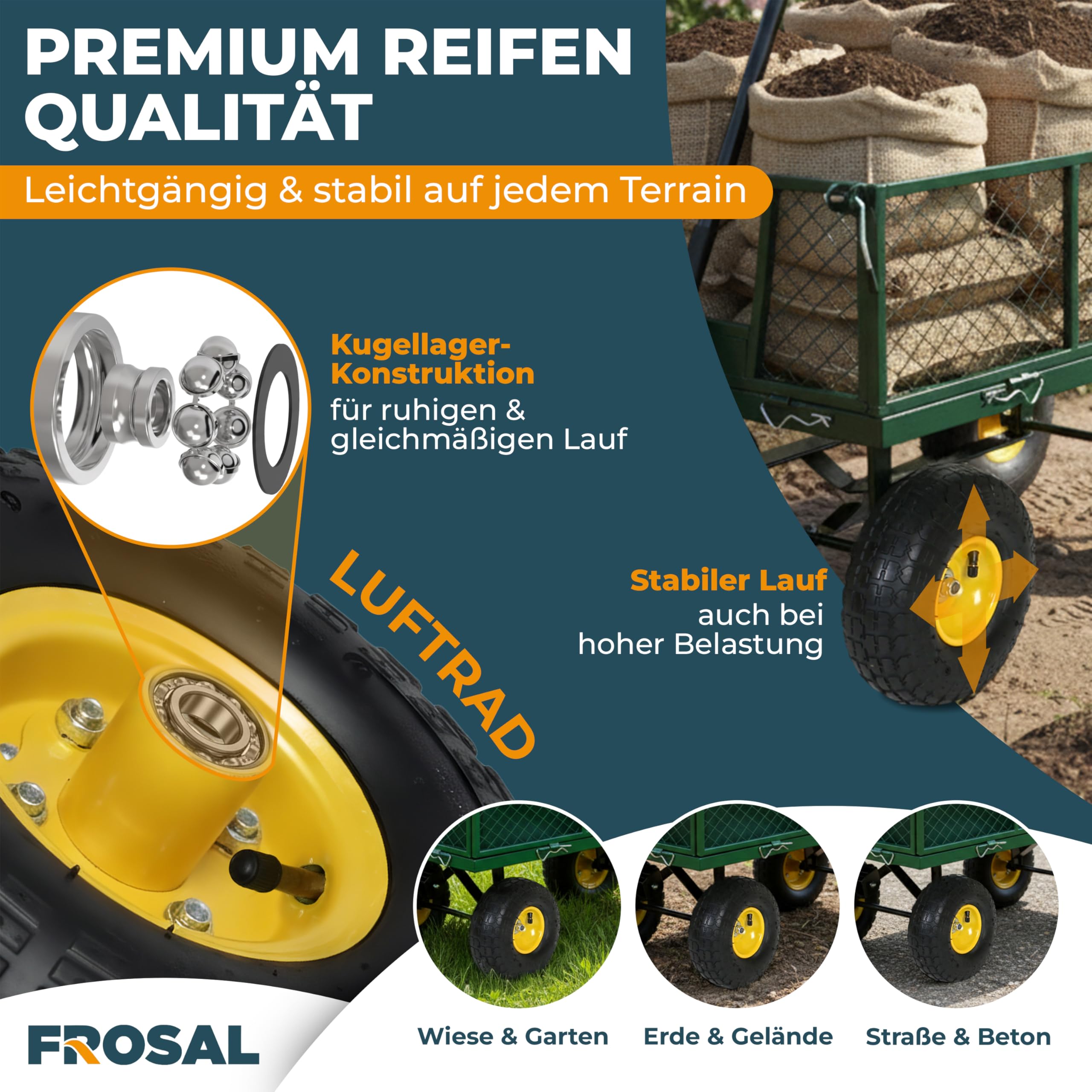 FROSAL Transportwagen Phil mit Lufträdern – Gartenwagen mit klappbaren Seitenwänden – Eigengewicht 19,5 kg – bis 350 kg Tragkraft – Maße 96,5×50,5×56,5 cm – Reifen Ø 26 cm – Stahlrahmen mit Innenplane