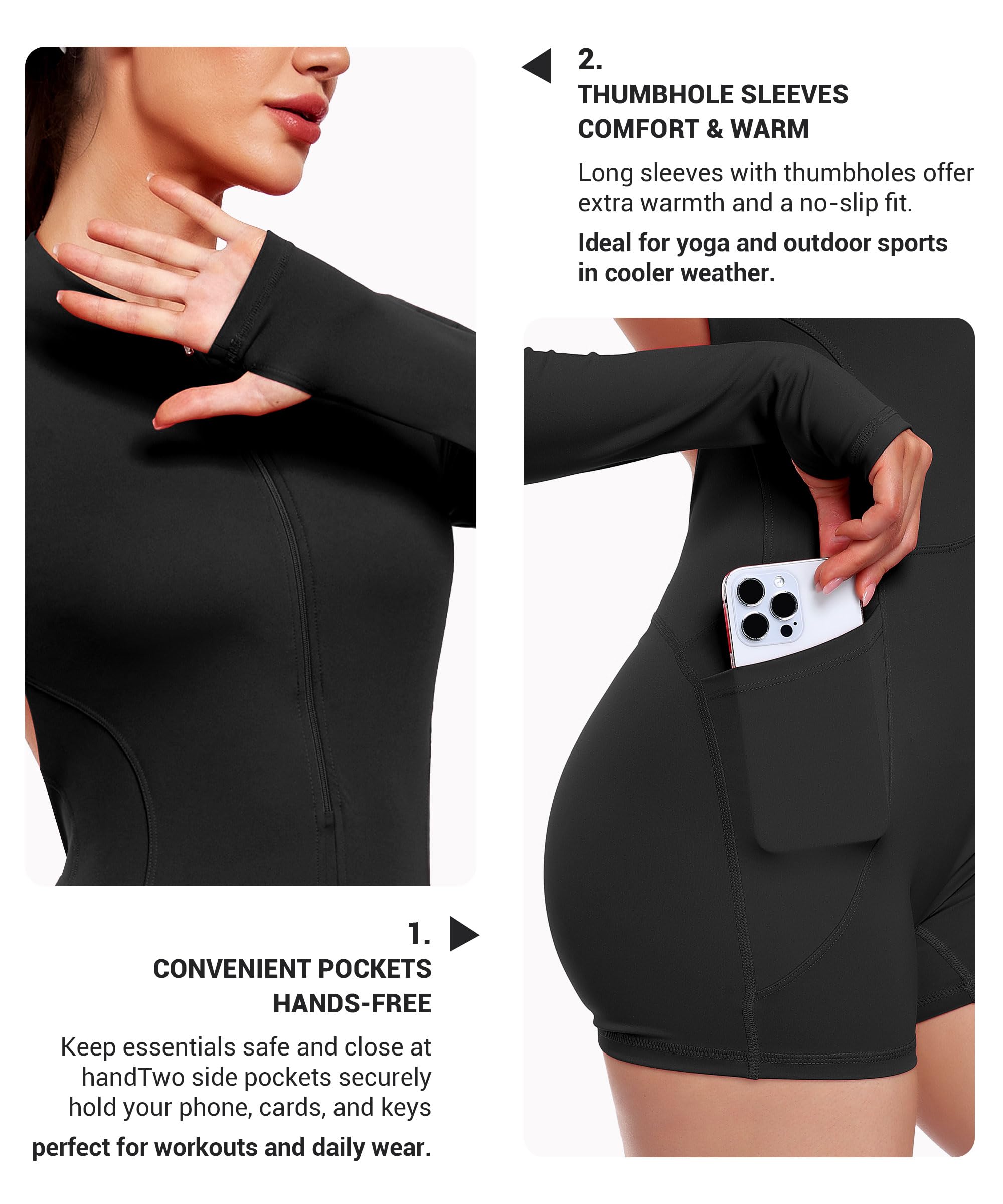 STARBILD Combinaison Court Sport Dos Nu Push Up pour Femme avec Poches, Combishorts avec Fermeture Éclair à Manches Langues, Zipper Jumpsuits Short pour Yoga Fitness Pilates