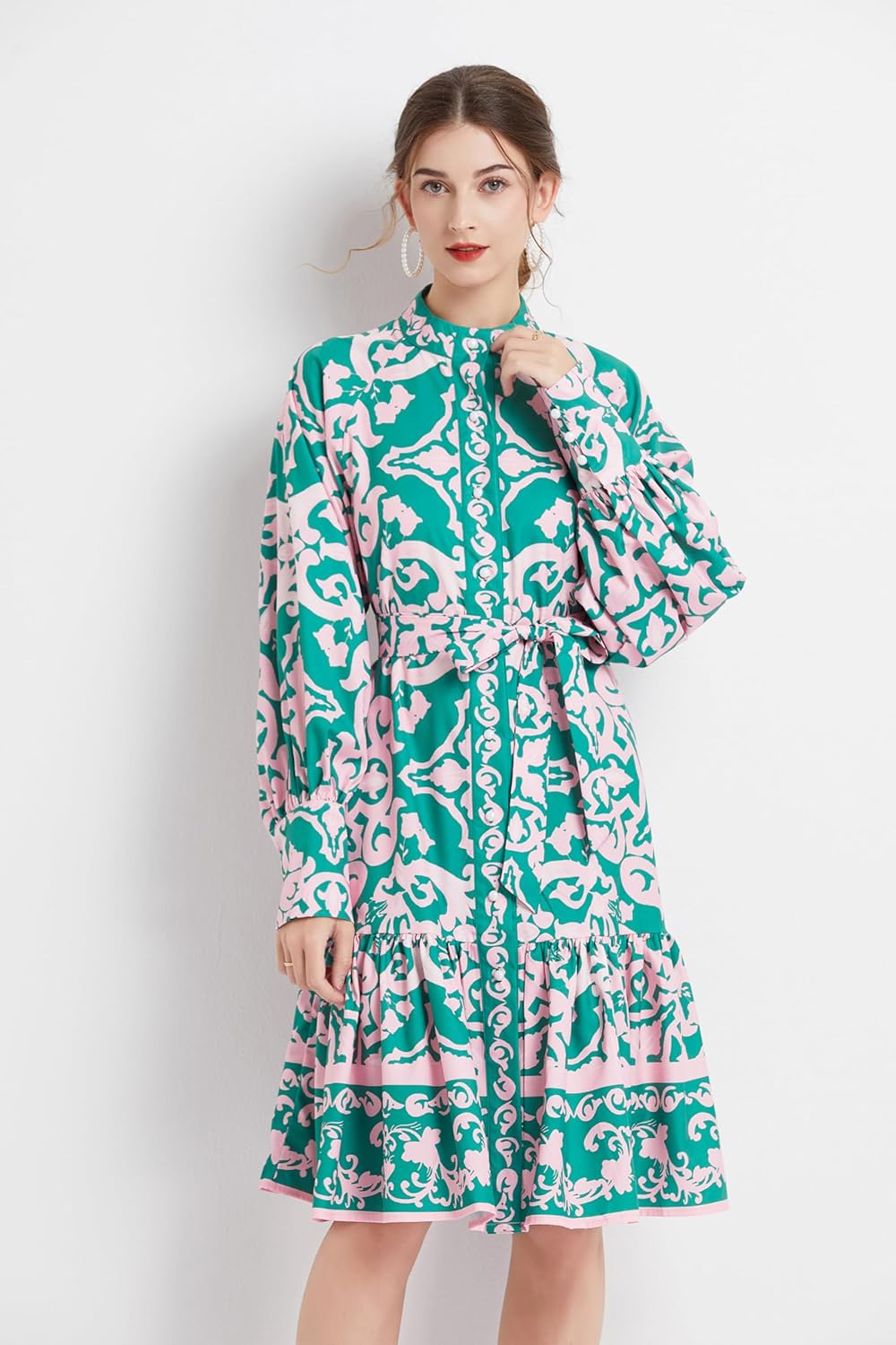 LAI MENG FIVE CATS Women's Floral Print Button Puff Sleeve Pleated Hem Casual Slit Midi Dress with Belt - Image 5