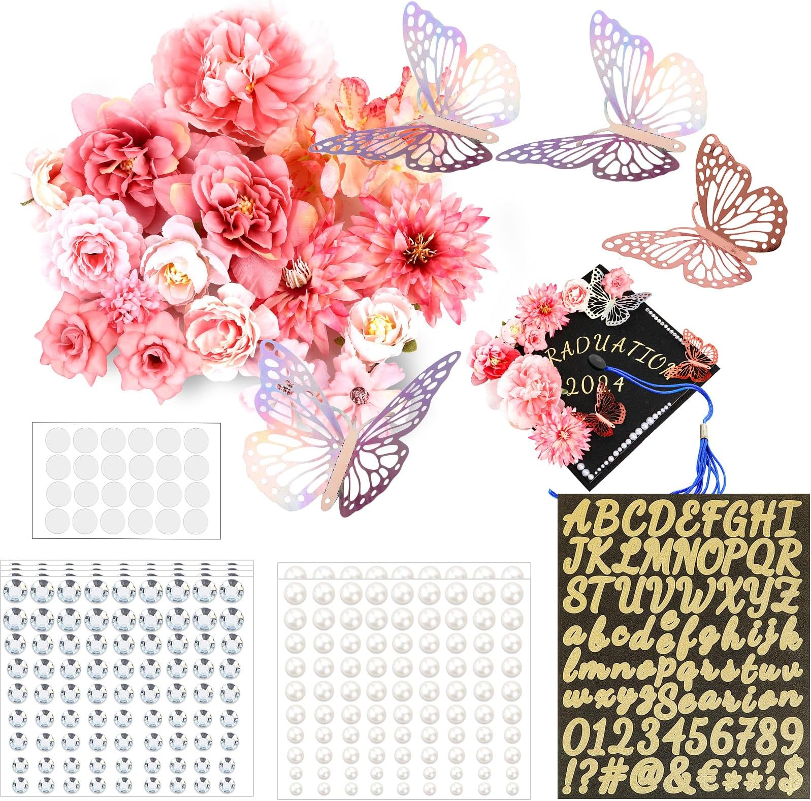 SEPGLITTER Graduation Cap Decorations Kit Include Assorted Flowers Rhinestones Glitter Letter Stickers 3D Butterfly for DIY Grad Cap Decorations Floral Graduation Cap Designs Graduation Party Supplies