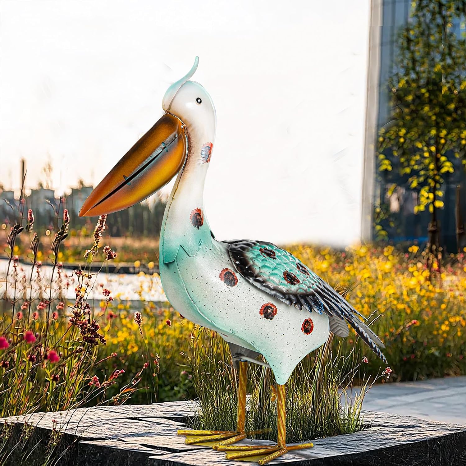Metal Pelican Garden Statues, Light Green Pelican Coastal Decor for Outdoor Yard Beach Lawn Patio Pool Display (Color-2)
