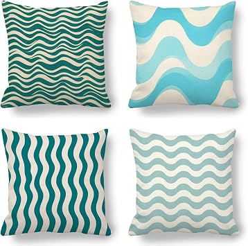 Blue Throw Pillow Covers Simplicity Cushion Covers 18x18 inch Set of 4, Outdoor Pillows Waterproof with Invisible Zipper Square Linen Decorative Sofa Cushions for Living Office Outdoor Garden V-K