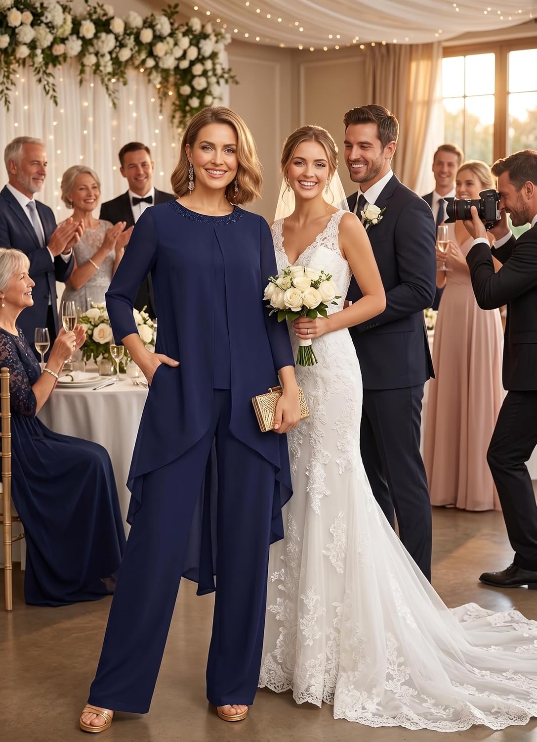 2 Piece Chiffon Mother of The Bride Pant Suits for Women Dressy Sequin Formal Wedding Guest Pantsuit WT036