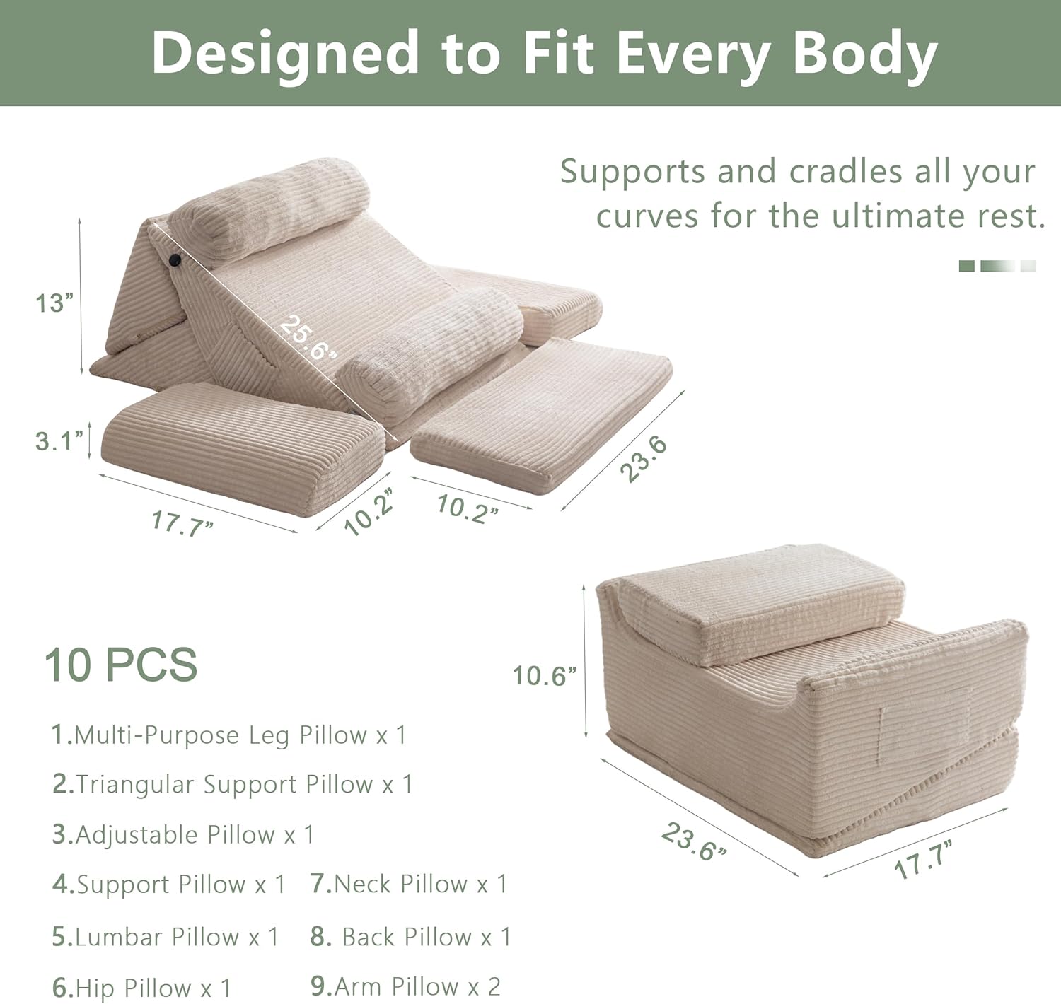 HIGOGOGO 10PCS Orthopedic Bed Wedge Pillow Set – Adjustable Soft Foam Body Positioners for After Surgery Recovery, Back & Leg Pain Relief, Sitting Up in Bed, Acid Reflux & GERD, Beige