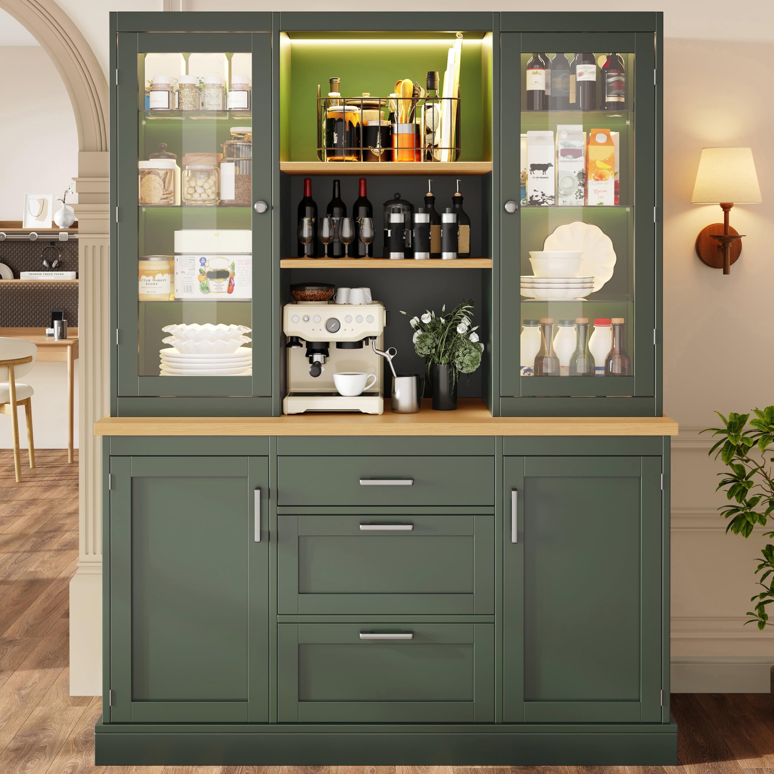 Armadio alto, buffet, armadietto da cucina, vetrina, credenza, armadietto per vino con illuminazione controllata, 3 cassetti, piano di lavoro, ripiani regolabili, 140 x 40 x 185 cm (verde)