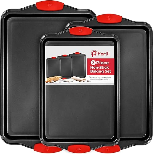 PERLLI Juego de 3 moldes antiadherentes para hornear, acero al carbono sin BPA, con asas de silicona, juego de horno de cocina apilable, bandeja