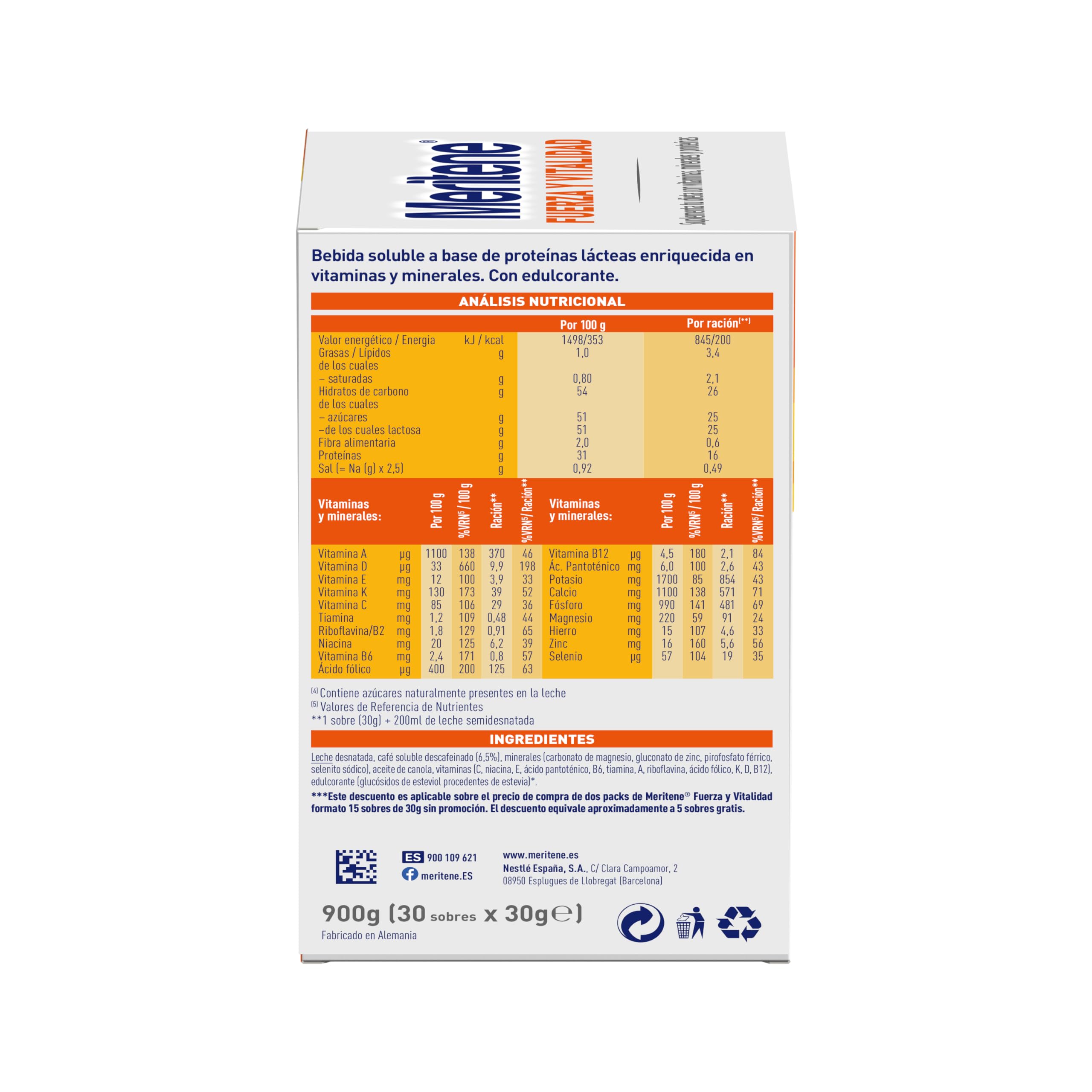 Meritene, Fuerza y Vitalidad, Batidos Sabor Café Descafeinado, Fuerza para tus Músculos, Vitalidad para ti, Nutrición para Adultos con Proteínas, Vitaminas y Minerales, 30 Sobres, 900 gr