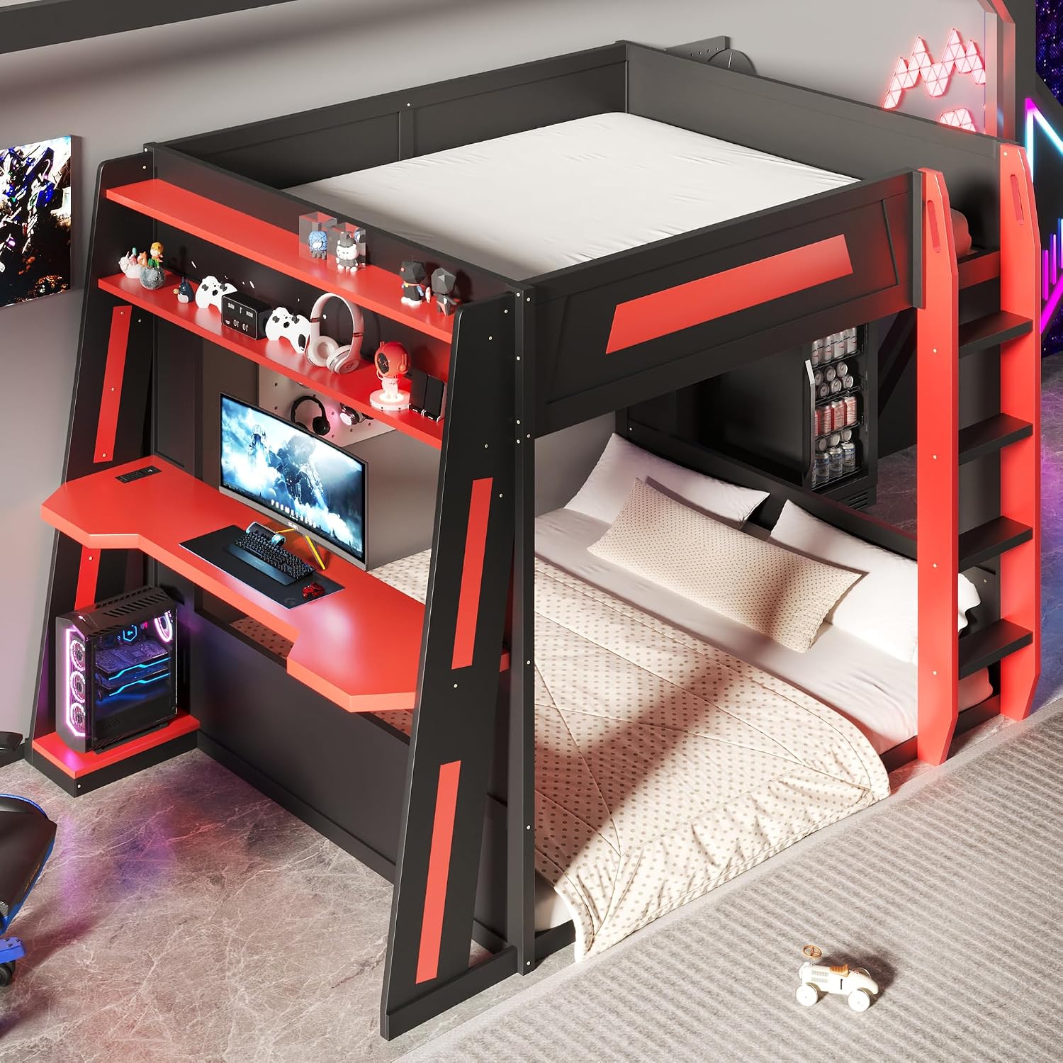 Wood Gaming Loft/Bunk Bed Queen Size with Desk and Storage Shelves, Convertible Design Loft/Bunk Bed Frame with USB and LED Light for Kids Teens, Space Saving (Black-Red W, Queen)