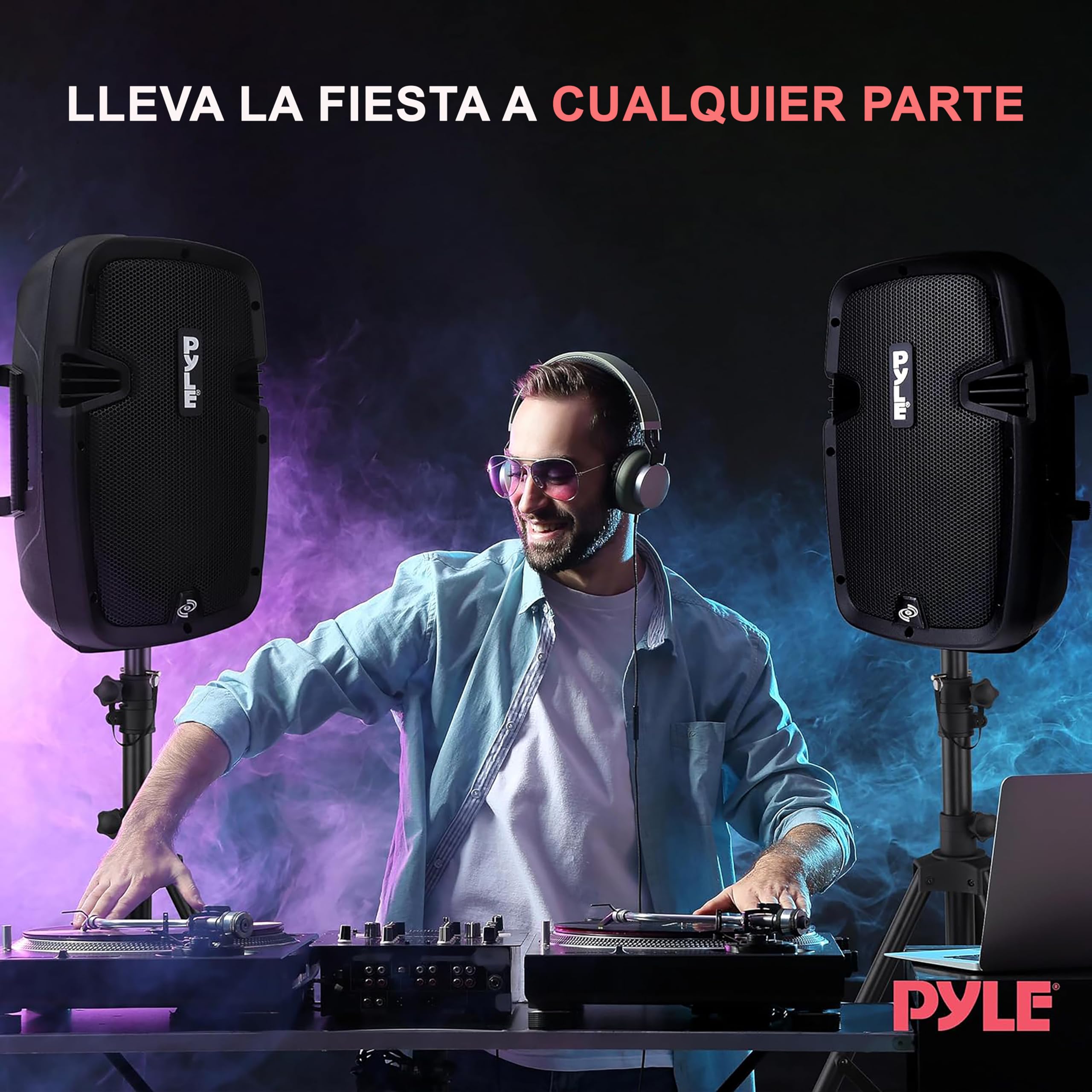 Pyle Altavoz autoamplificado Bluetooth, 8”, PA, Profesional, 700W, Activo, Pasivo, Exteriores, USB/SD/MP3 aux, Pack de 2, Tripodes, Karaoke, Microfono, Control Remoto, Color Negro
