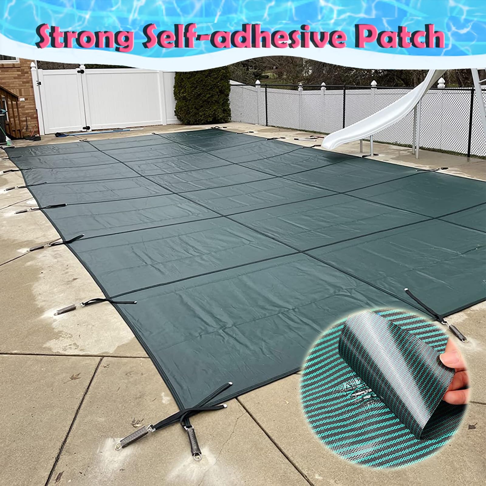 Pool Sicherheitsabdeckungs Patches Selbstklebend Poolabdeckung Patch Grün, Wasserdicht Nierenförmige Poolabdeckungen Reparaturset für Außenpools/ Aufblasbare Objekte/ Luftmatratze, Mesh Sicherheitsabd
