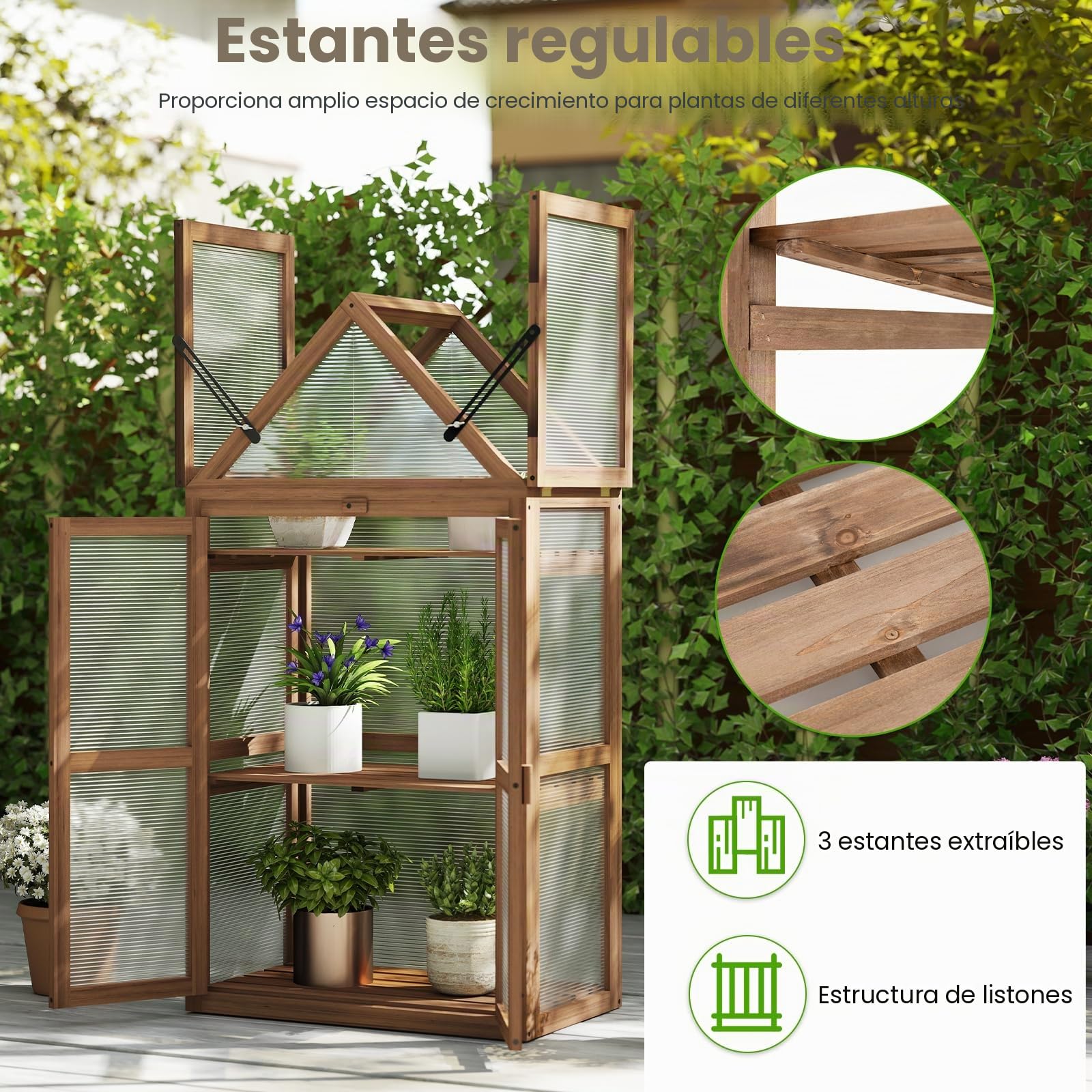 HOMASIS Mini Invernadero de Jardín de PC Transparente, Invernadero de Madera de Abeto con 2 Puertas de Techo Corredizo con Estantes Ajustables, para Balcón, Jardín, 71 x 41 x 132 cm