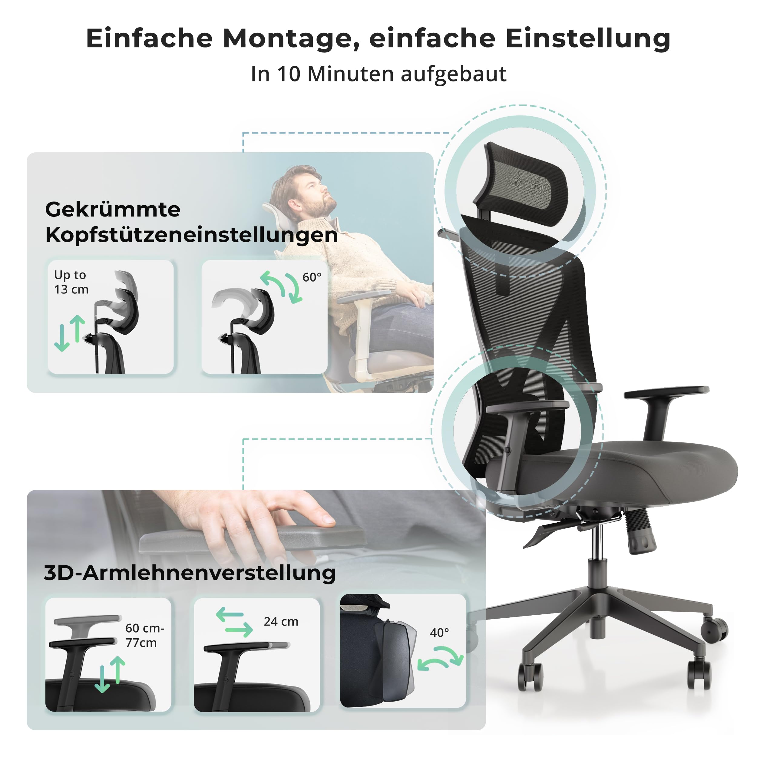 Backerz Bürostuhl Ergonomisch - Bürostühle 150kg, TUV & NEN 1335 Zertifiziert - Office Schreibtischstuhl - Chair - Ergonomischer Bürostuhl – Computerstuhl Höhenverstellbar & Rückenschonend – Schwarz