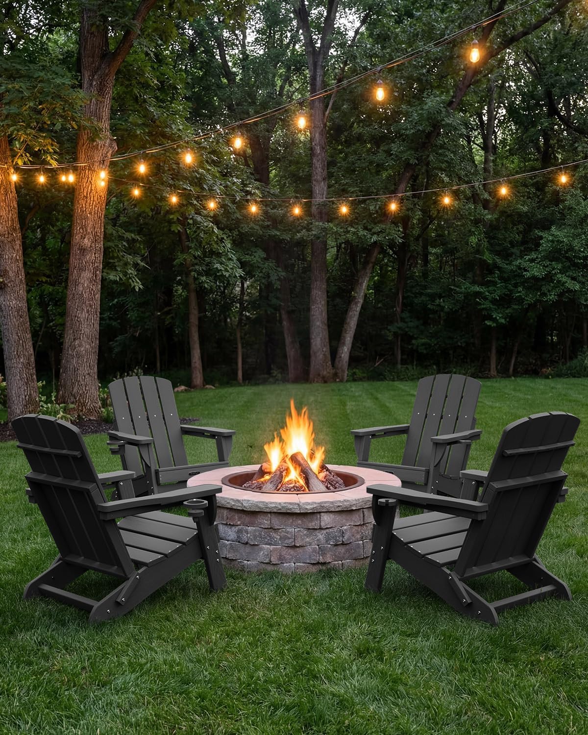 Folding Adirondack Chair, HDPE All-Weather Fire Pit Chairs, Plastic Adirondack Chairs with 2 Cup Holder, Outdoor Lawn Chair for Patio Garden (Black) - Image 2