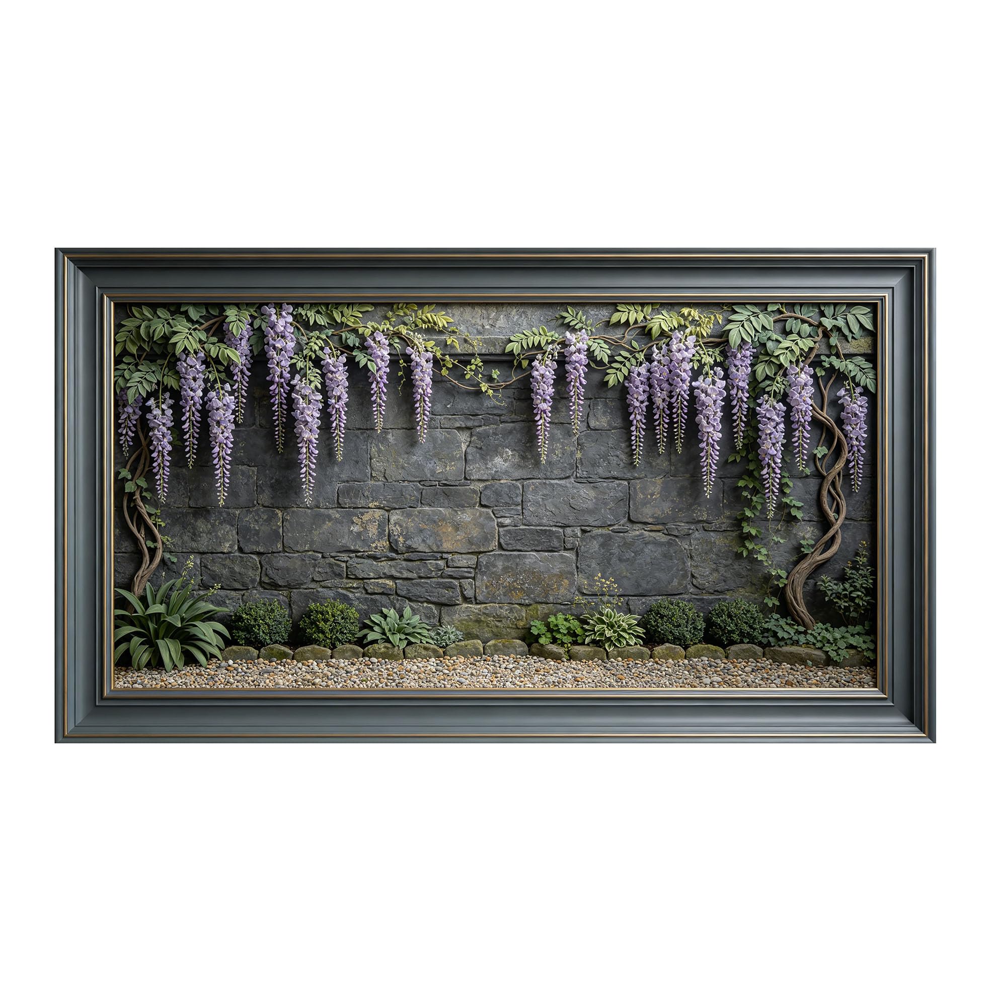 Murasolite 3D Framed Wall Art Wisteria Floral Stone Wall Botanical Landscape SelfAdhesive Fabric Mural Wall Decor， Peel and Stick No Damage to Wall， AntiFall Safe Design for Bedroom Living Room