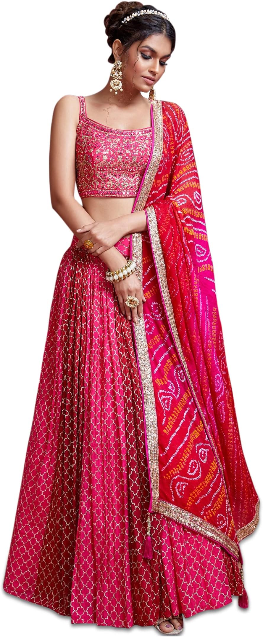 Zeel Clothing Women's Chinnon Silk Embroidered Fabric Semi-Stitched Lehenga Choli with Dupatta (105-Pink-New-Bridal-Latest-Lehenga; Free Size), Customizable Length