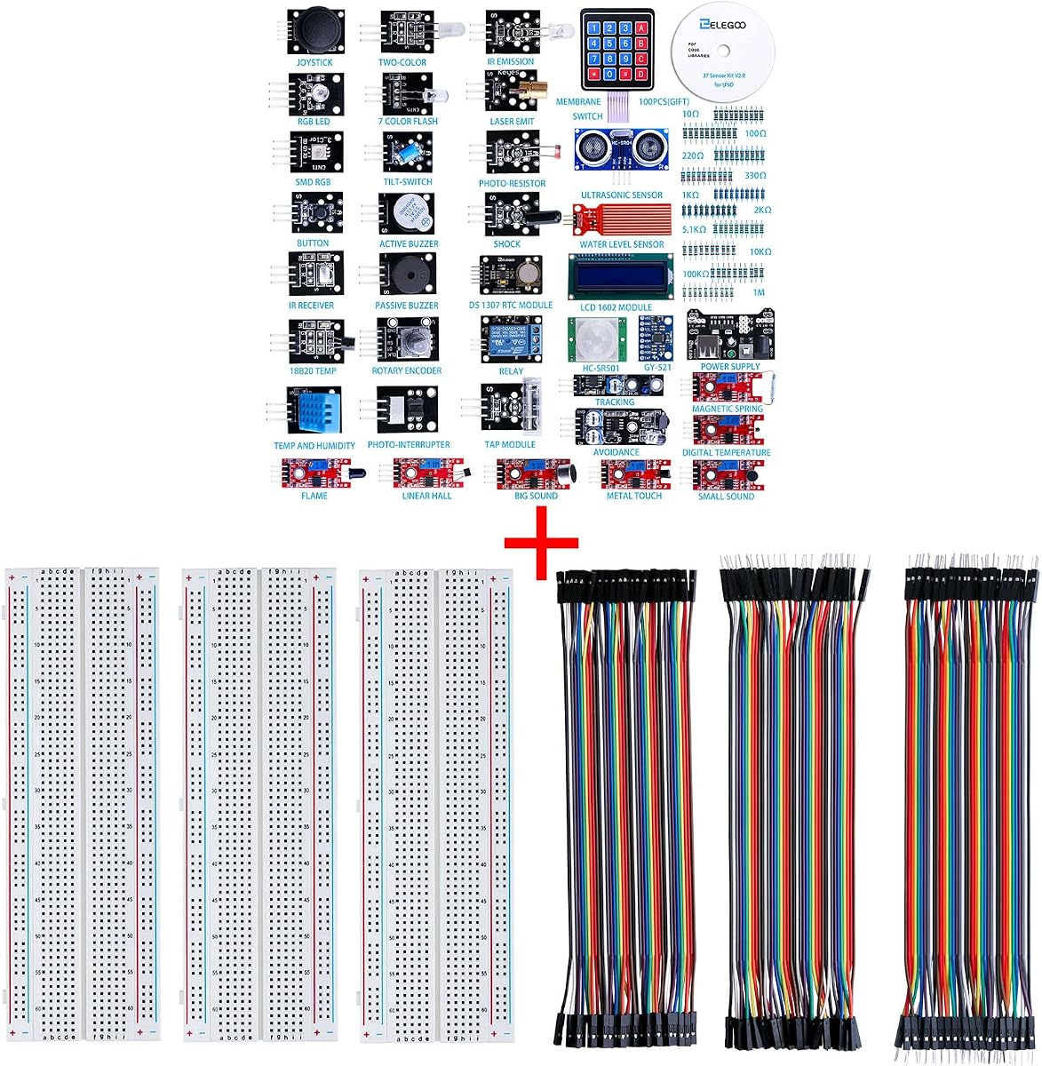 ELEGOO 37 in 1 Sensor Modules Kit and 3pcs Breadboard 830 Point Solderless Prototype PCB Board Kit and 120pcs Multicolored Dupont Wire