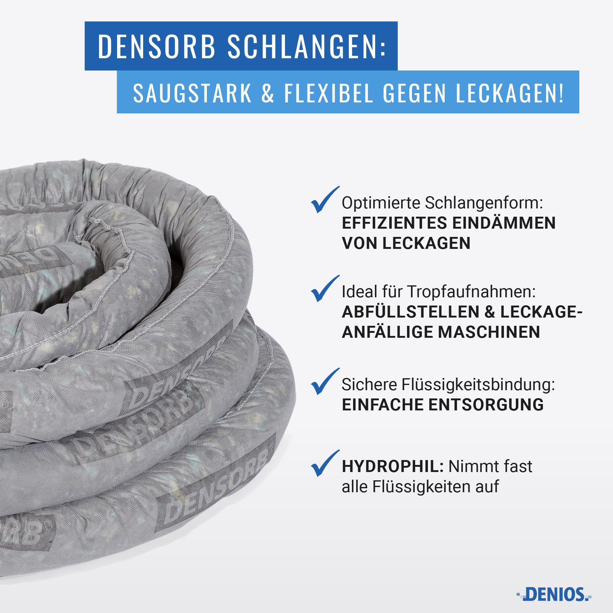 DENSORB Universalbindemittel Aufsaug-Schlangen zum Eindämmen von Leckagen, Länge 1,8 m, 12 Stück