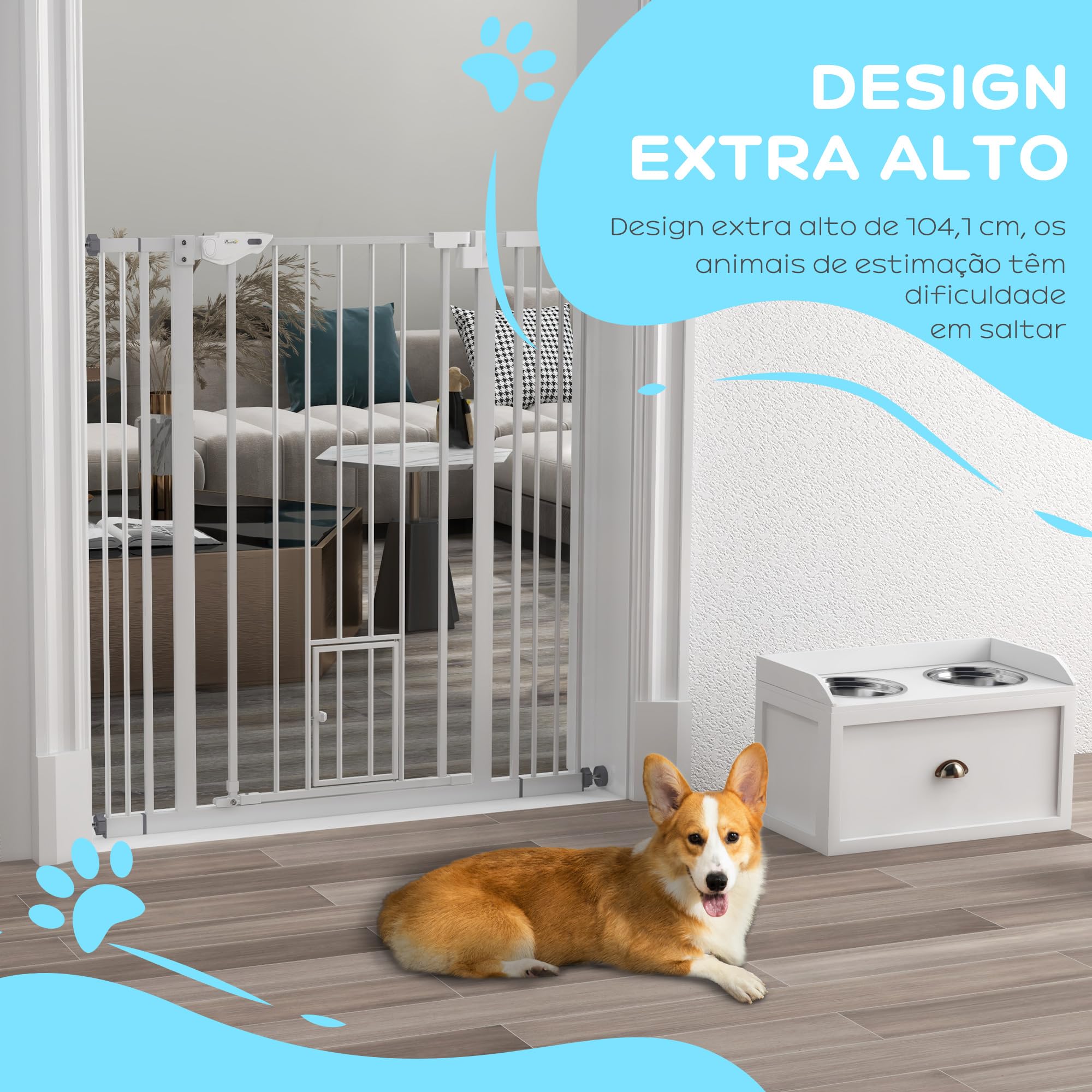 PawHut Barrera de Seguridad para Perros con 1 Puerta Pequeña 74-101x104,1 cm Barrera para Mascotas Extensible con Cierre Automático y Sistema de Doble Bloqueo para Puerta Pasillo Escalera Blanco